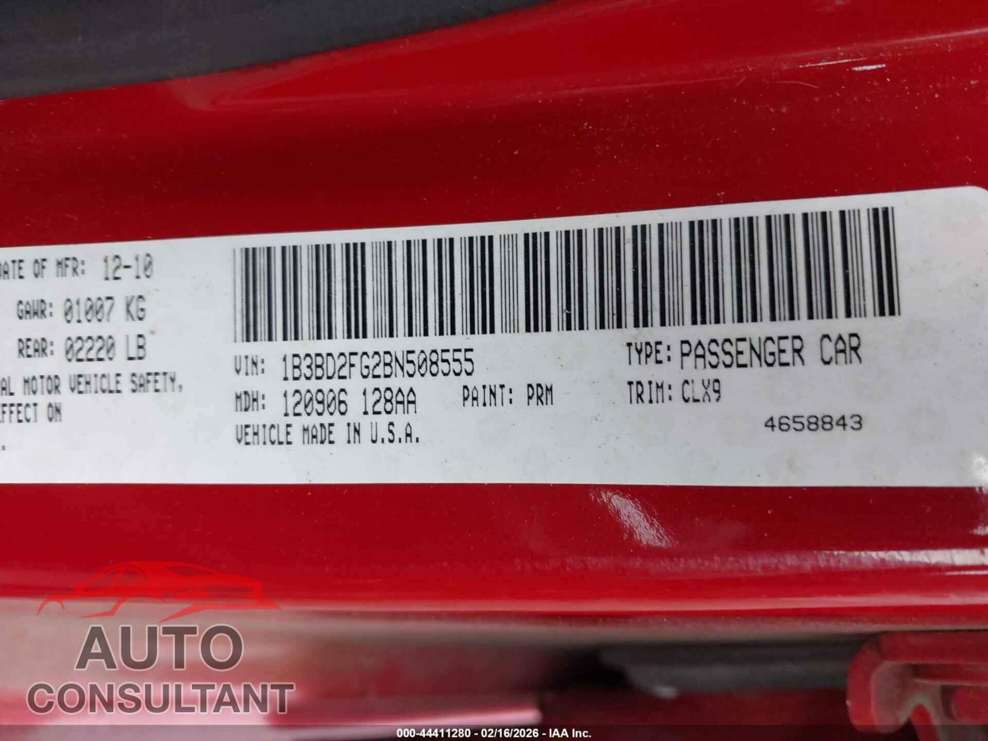 DODGE AVENGER 2011 - 1B3BD2FG2BN508555