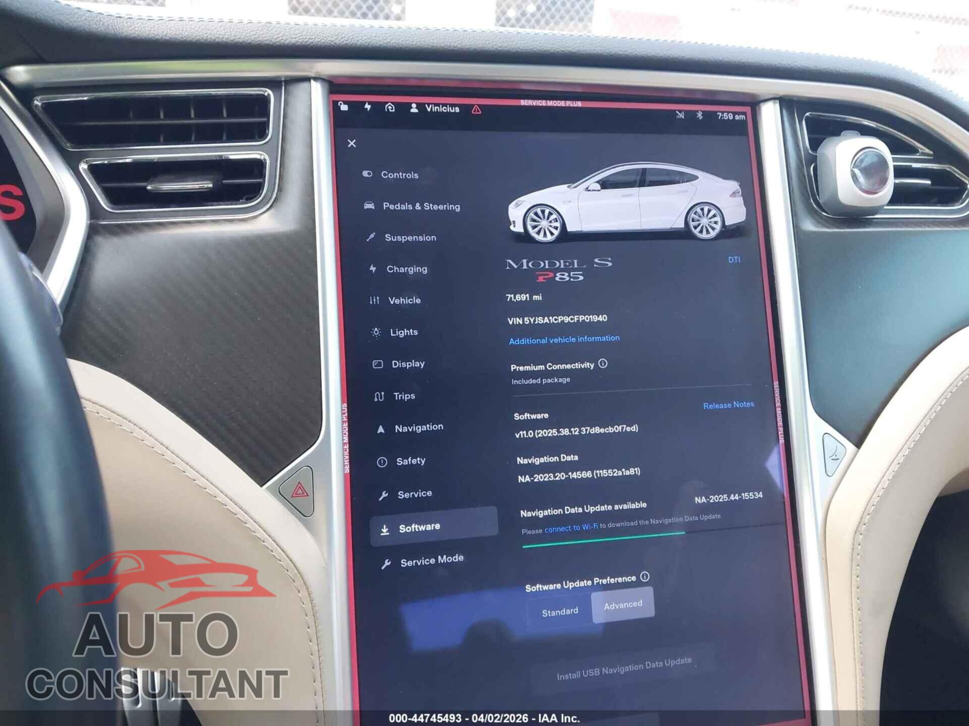TESLA MODEL S 2012 - 5YJSA1CP9CFP01940