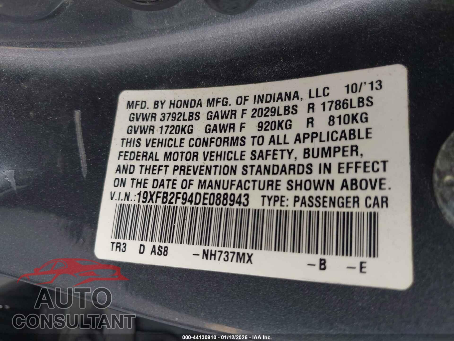 HONDA CIVIC 2013 - 19XFB2F94DE088943