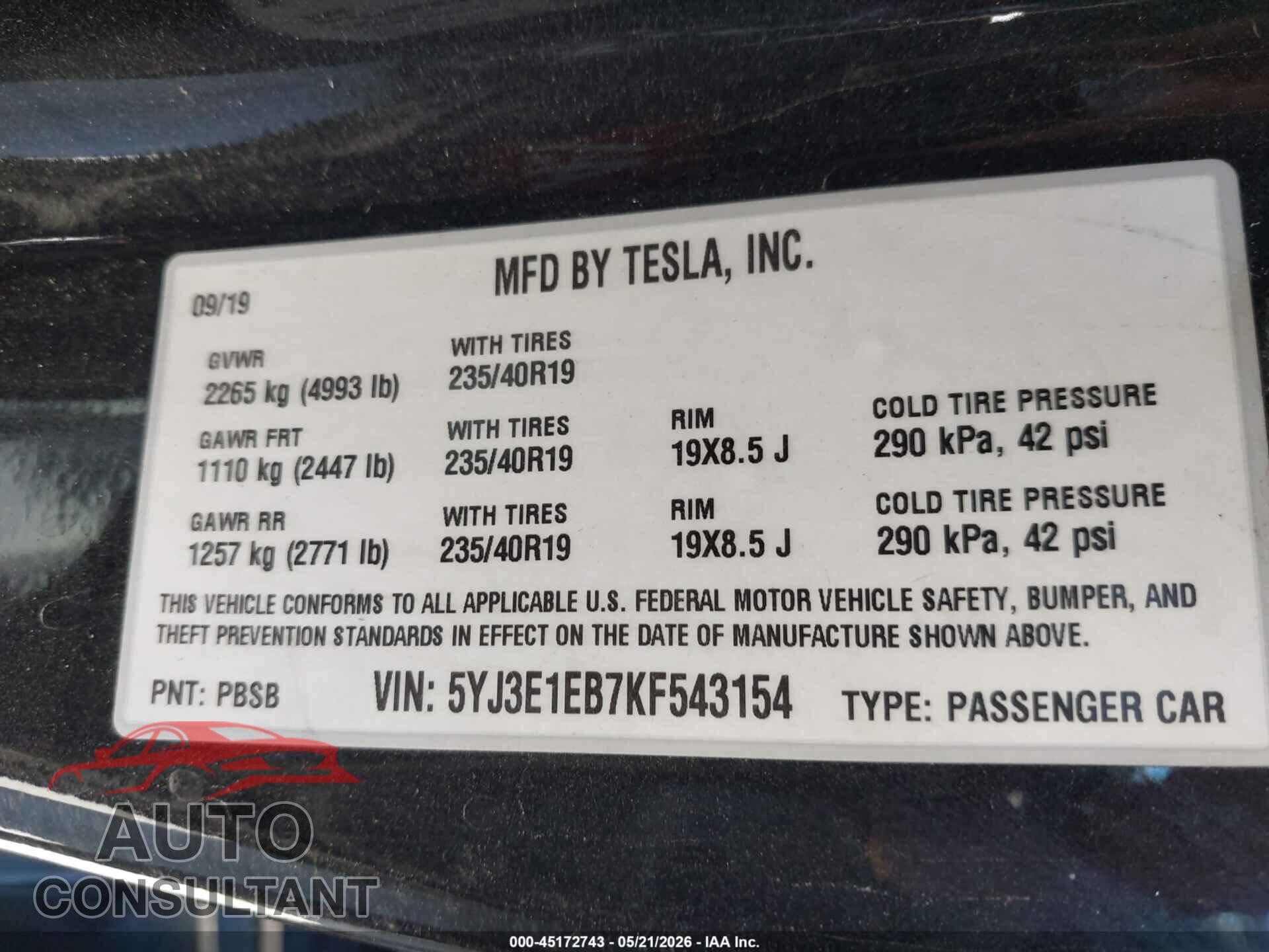TESLA MODEL 3 2019 - 5YJ3E1EB7KF543154