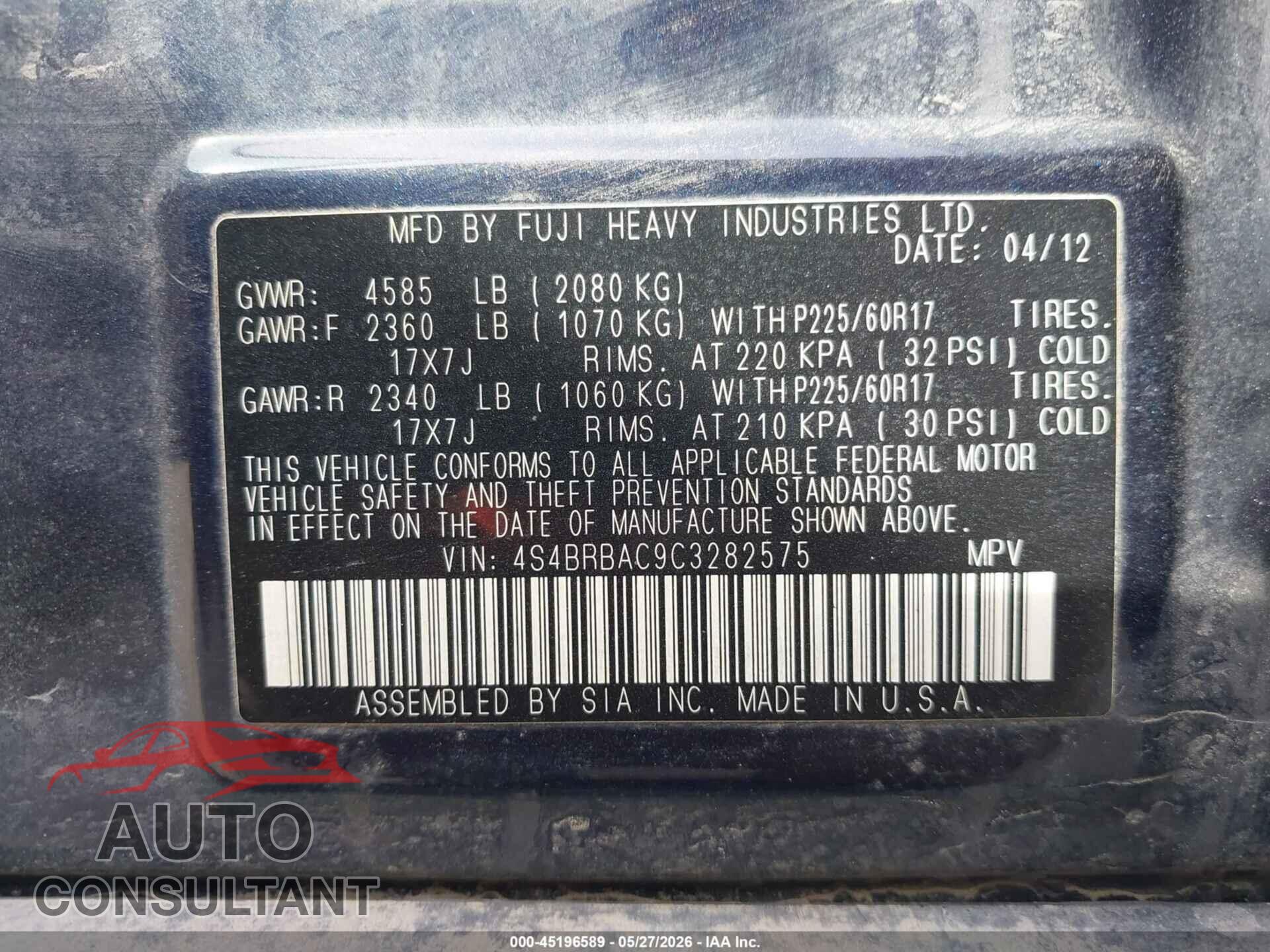 SUBARU OUTBACK 2012 - 4S4BRBAC9C3282575