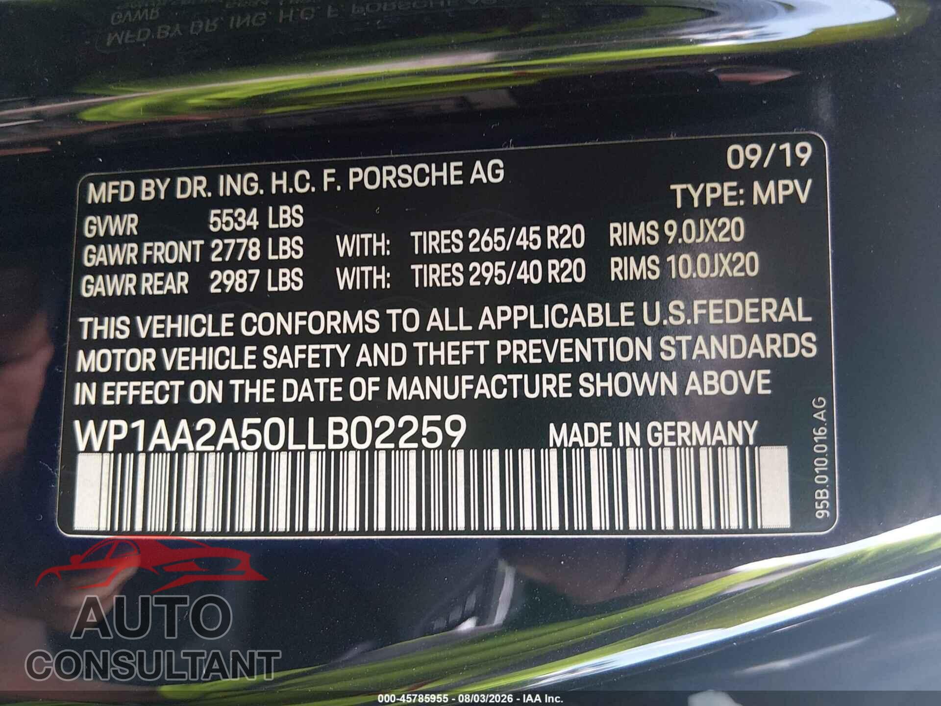 PORSCHE MACAN 2020 - WP1AA2A50LLB02259
