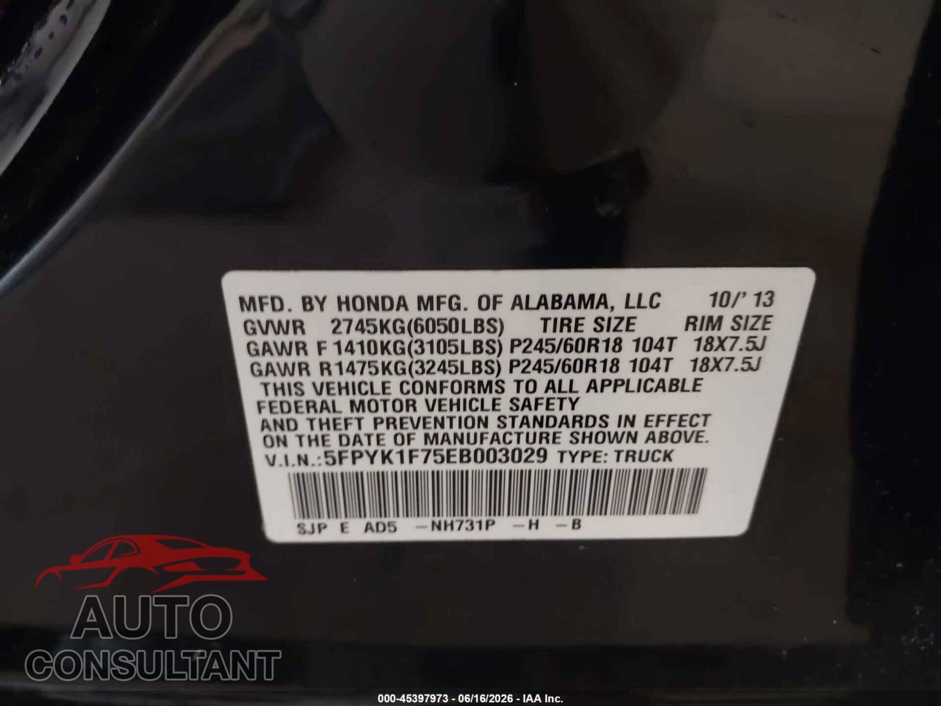 HONDA RIDGELINE 2014 - 5FPYK1F75EB003029