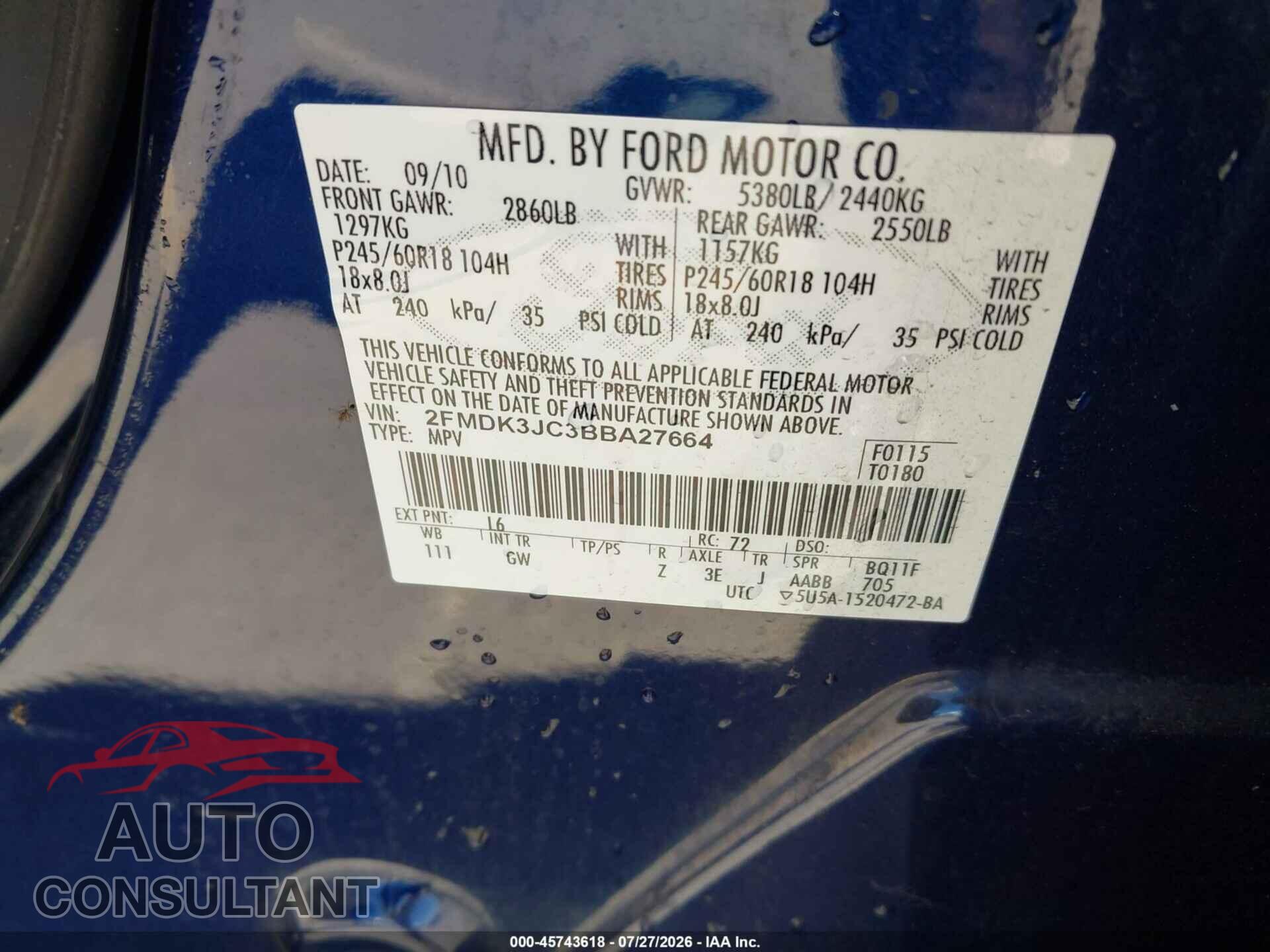 FORD EDGE 2011 - 2FMDK3JC3BBA27664