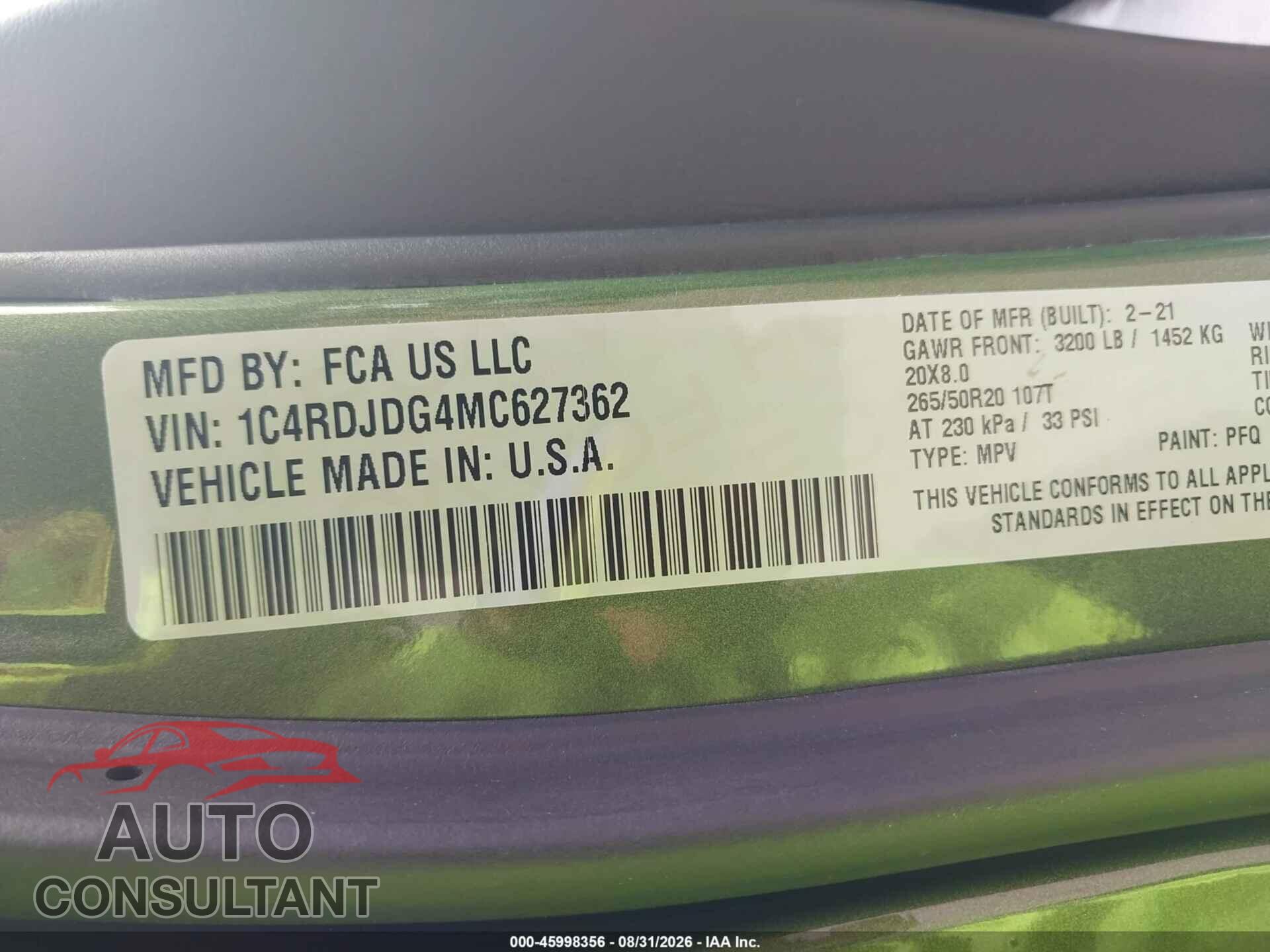 DODGE DURANGO 2021 - 1C4RDJDG4MC627362