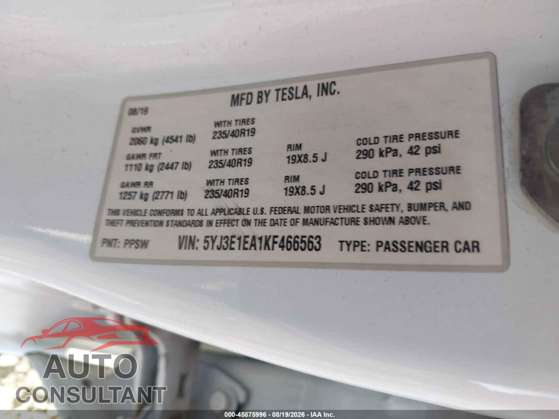 TESLA MODEL 3 2019 - 5YJ3E1EA1KF466563