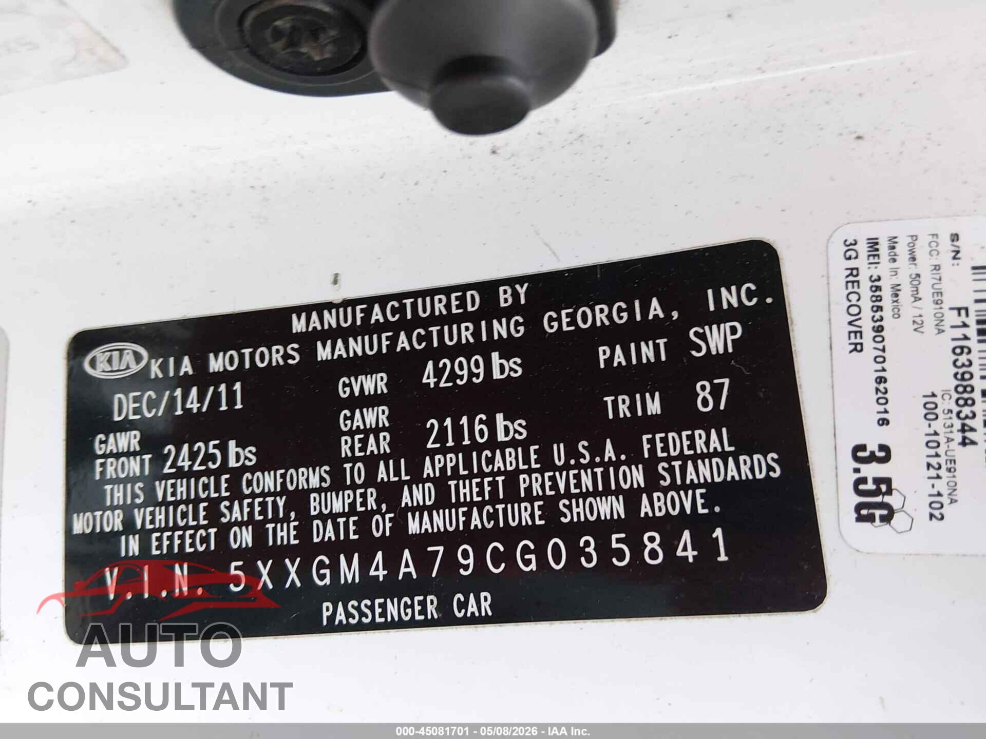 KIA OPTIMA 2012 - 5XXGM4A79CG035841