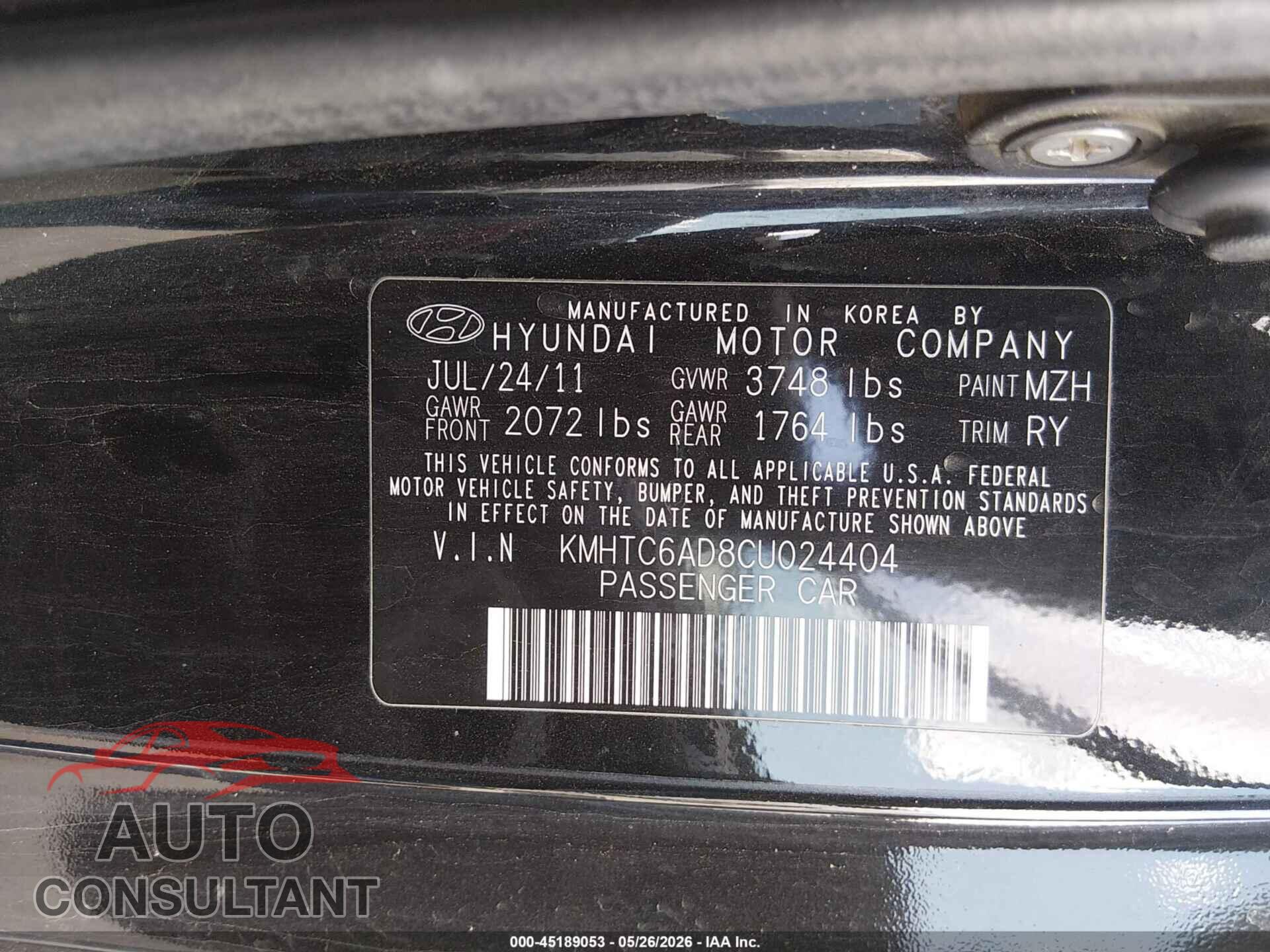 HYUNDAI VELOSTER 2012 - KMHTC6AD8CU024404