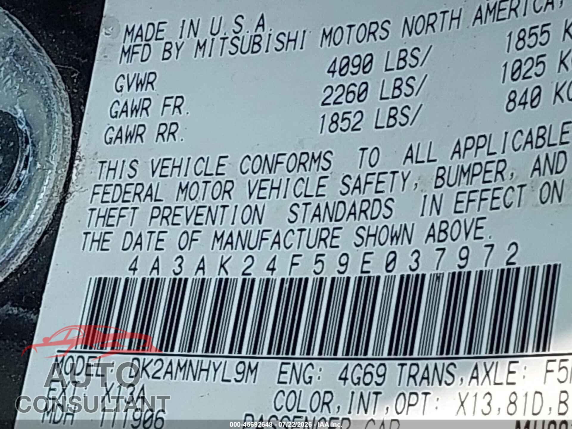MITSUBISHI ECLIPSE 2009 - 4A3AK24F59E037972