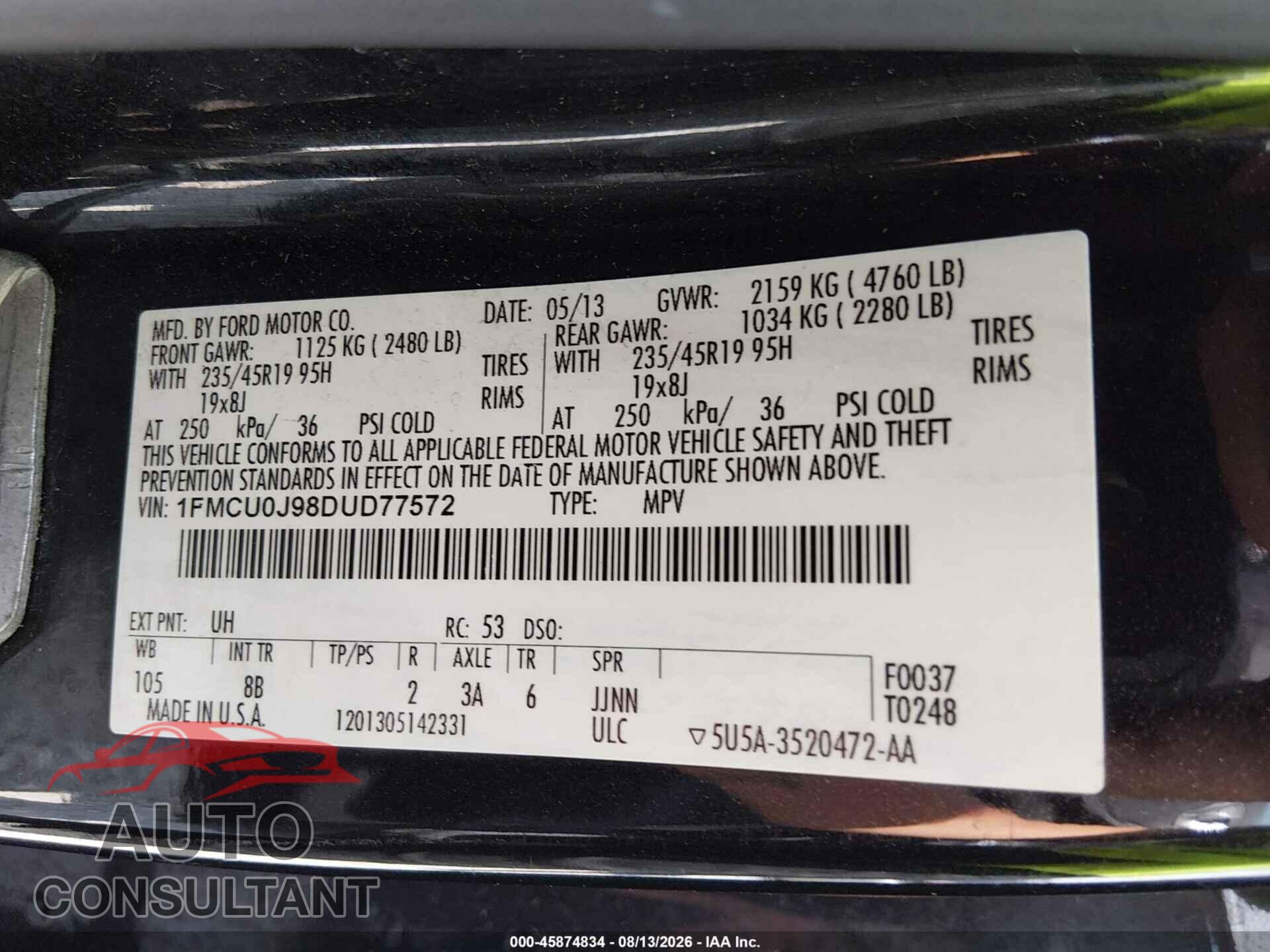 FORD ESCAPE 2013 - 1FMCU0J98DUD77572