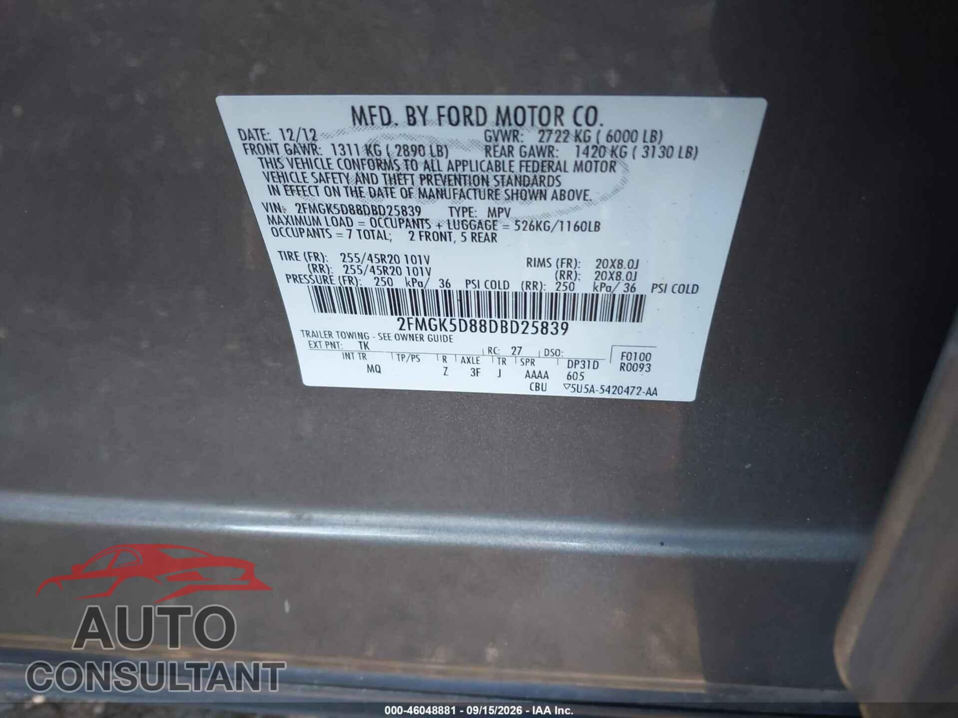 FORD FLEX 2013 - 2FMGK5D88DBD25839