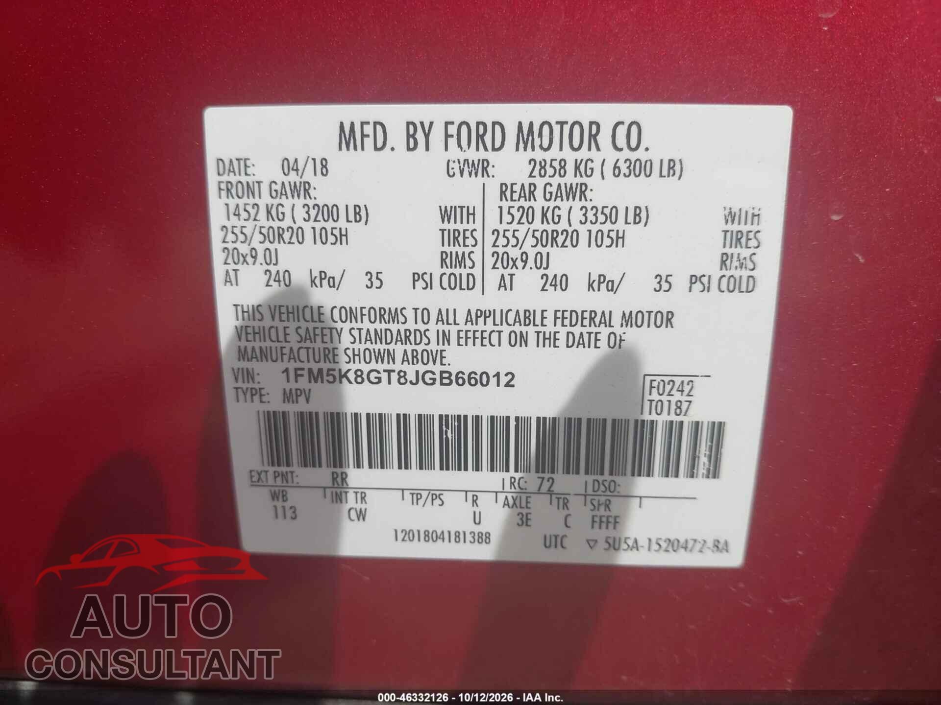 FORD EXPLORER 2018 - 1FM5K8GT8JGB66012