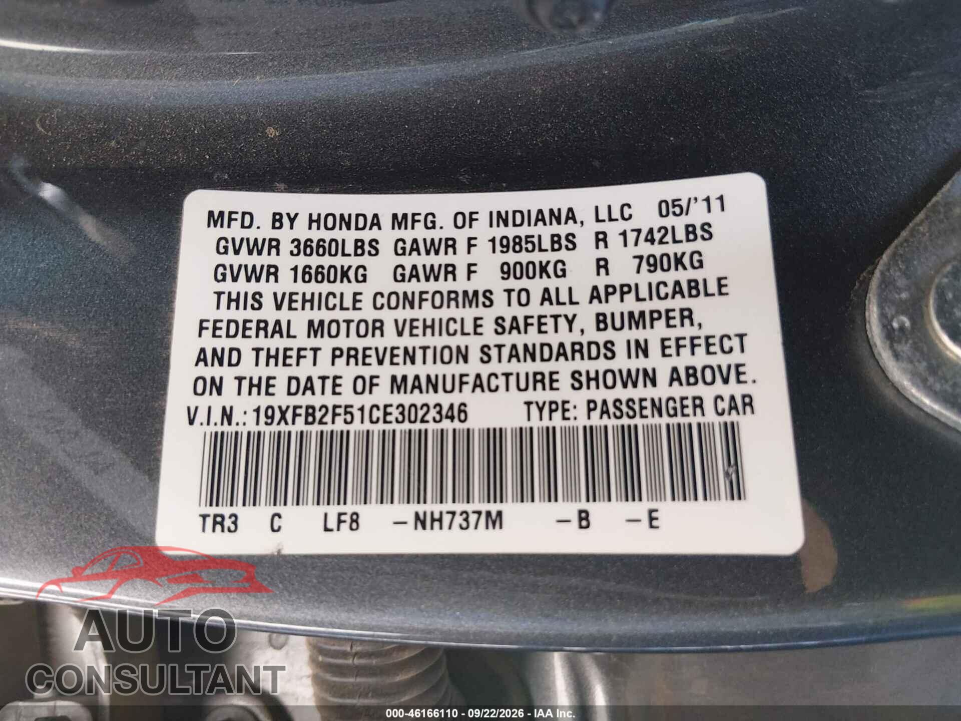 HONDA CIVIC 2012 - 19XFB2F51CE302346