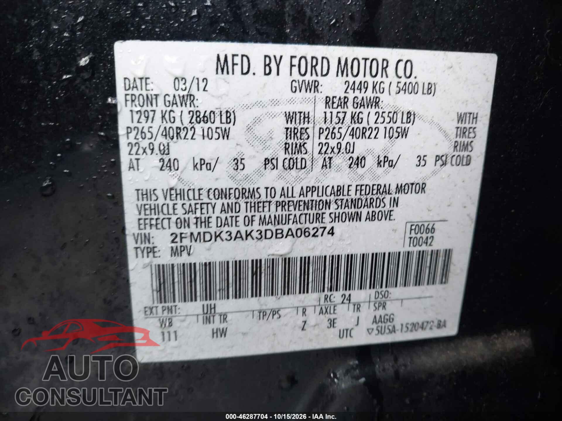 FORD EDGE 2013 - 2FMDK3AK3DBA06274