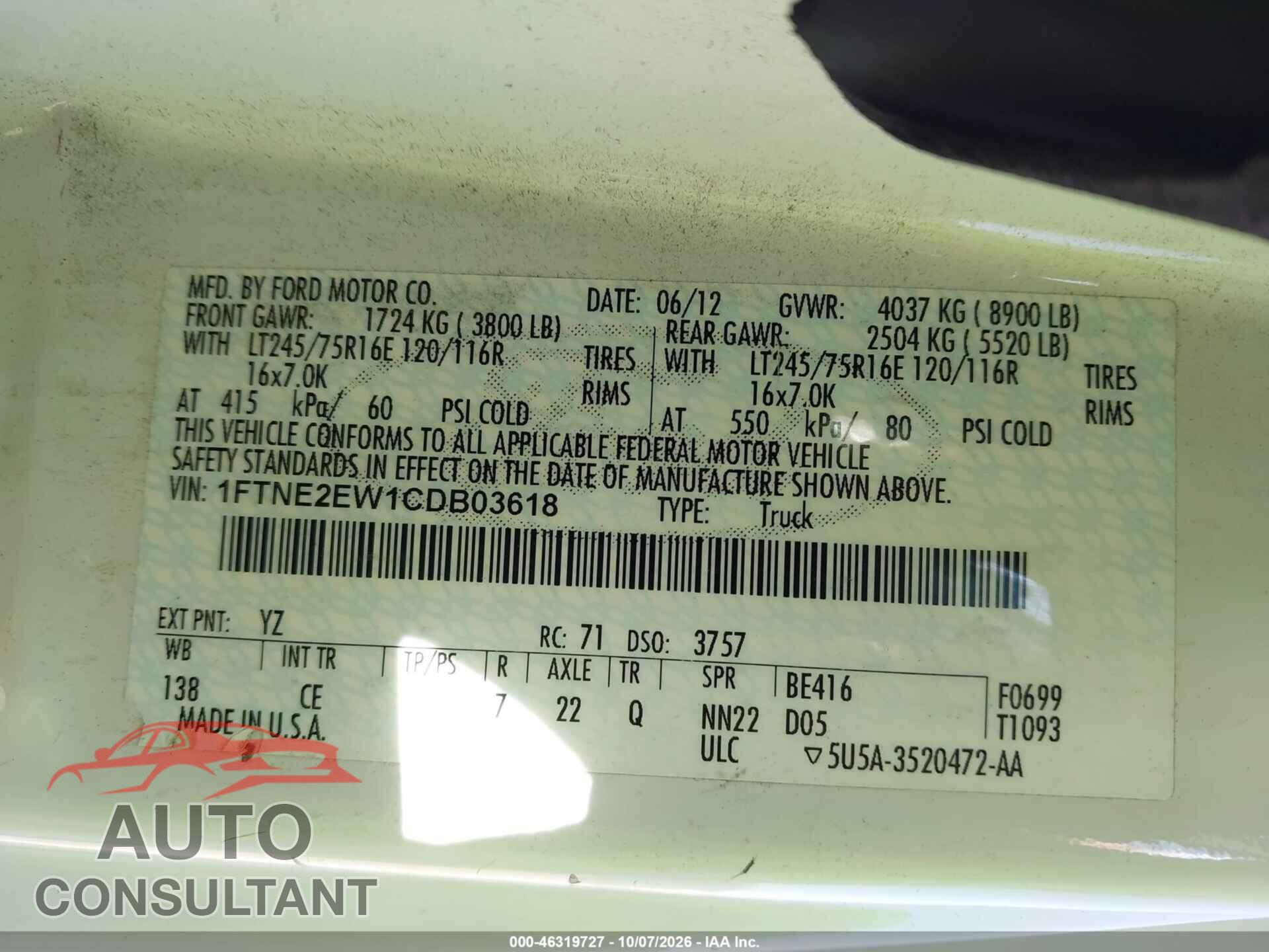 FORD E-250 2012 - 1FTNE2EW1CDB03618