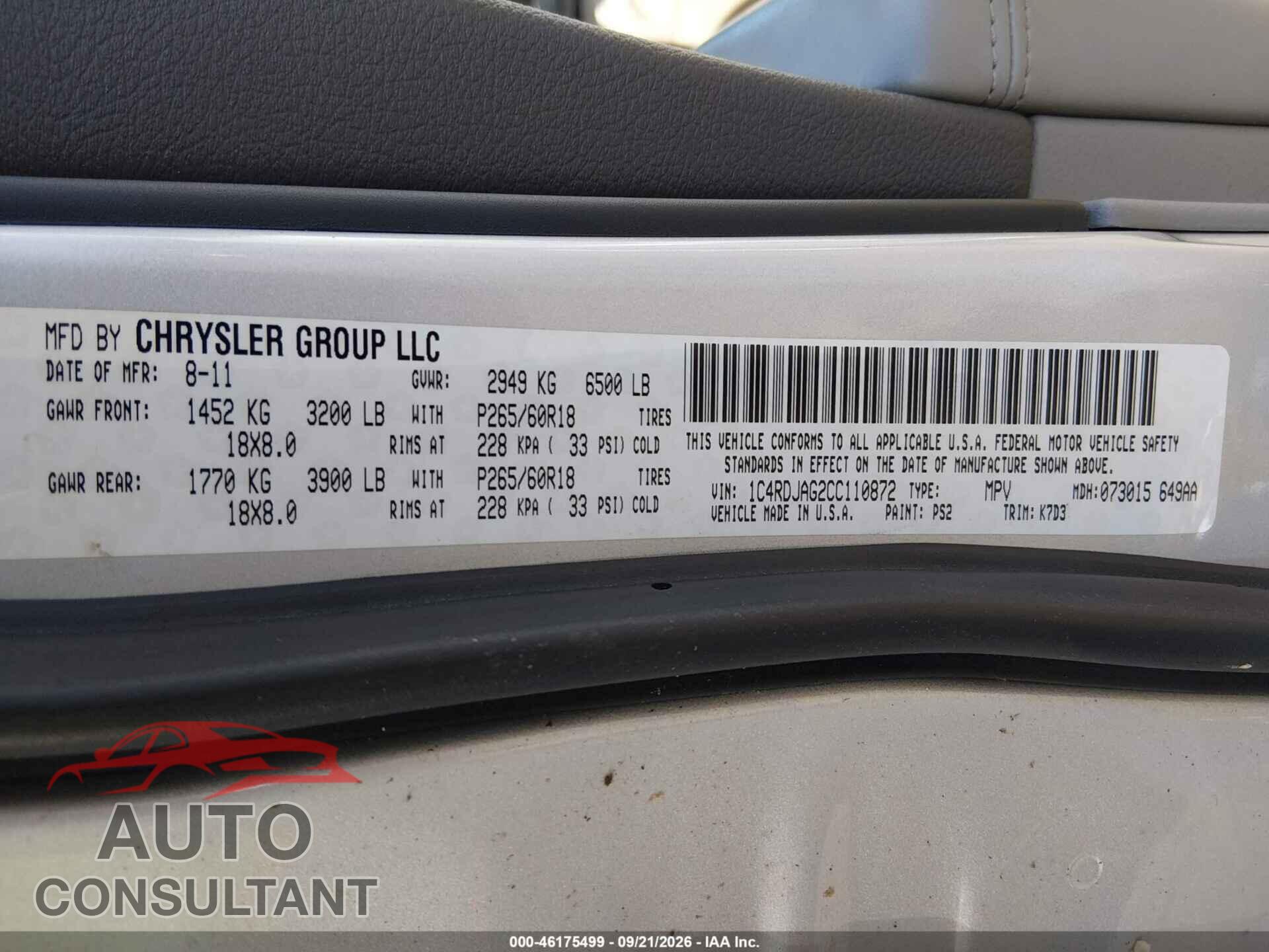 DODGE DURANGO 2012 - 1C4RDJAG2CC110872