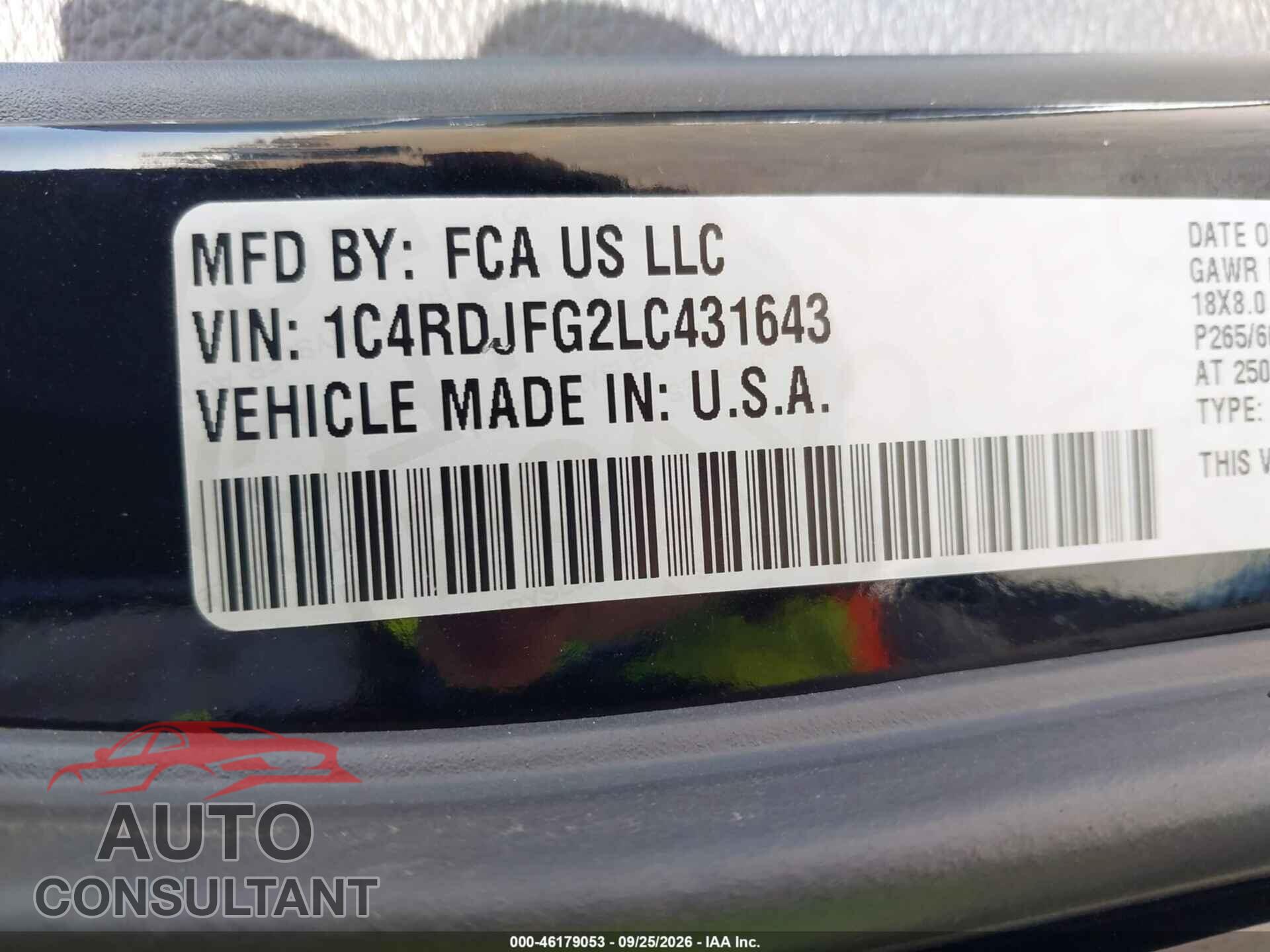 DODGE DURANGO 2020 - 1C4RDJFG2LC431643