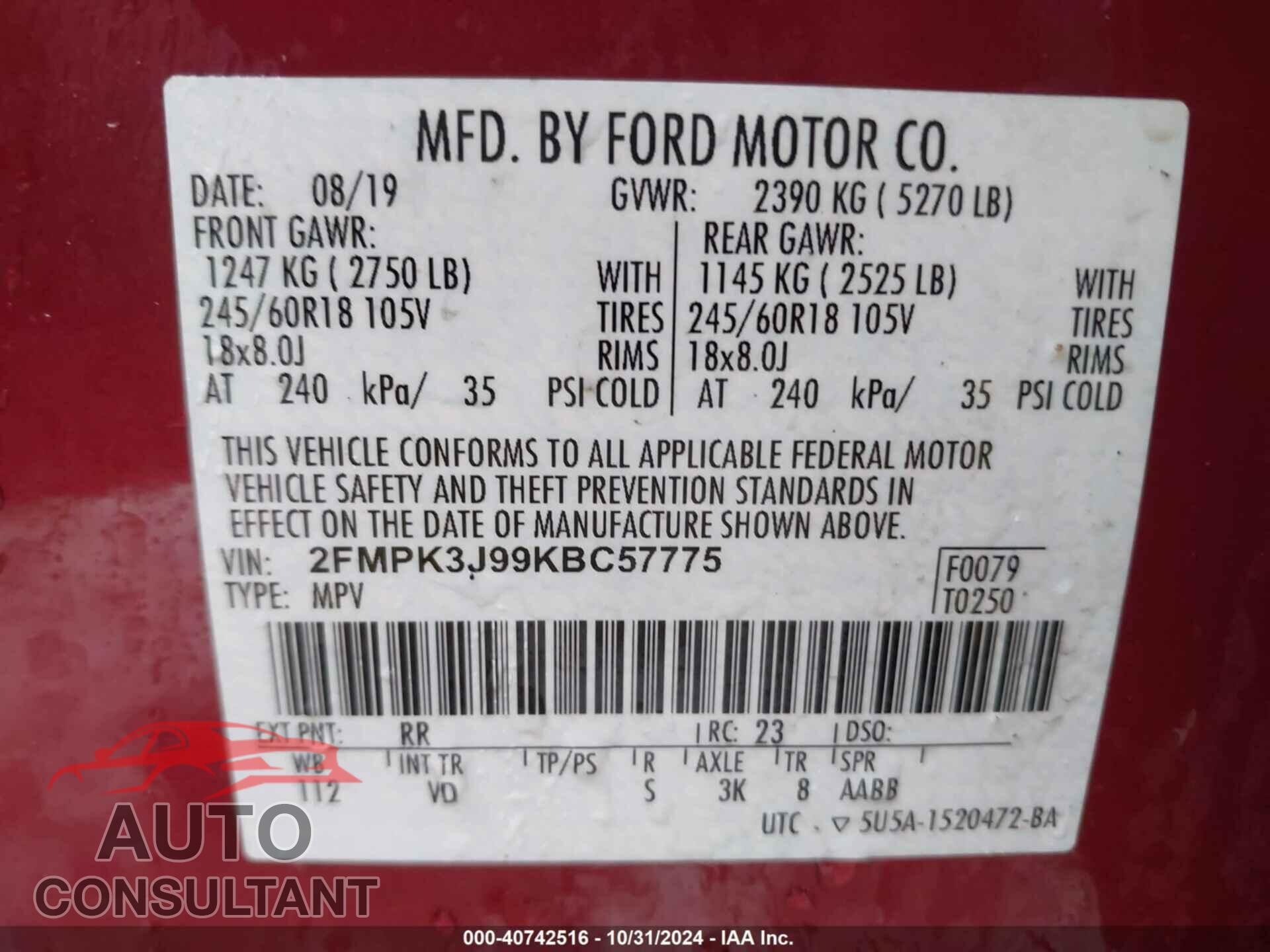 FORD EDGE 2019 - 2FMPK3J99KBC57775