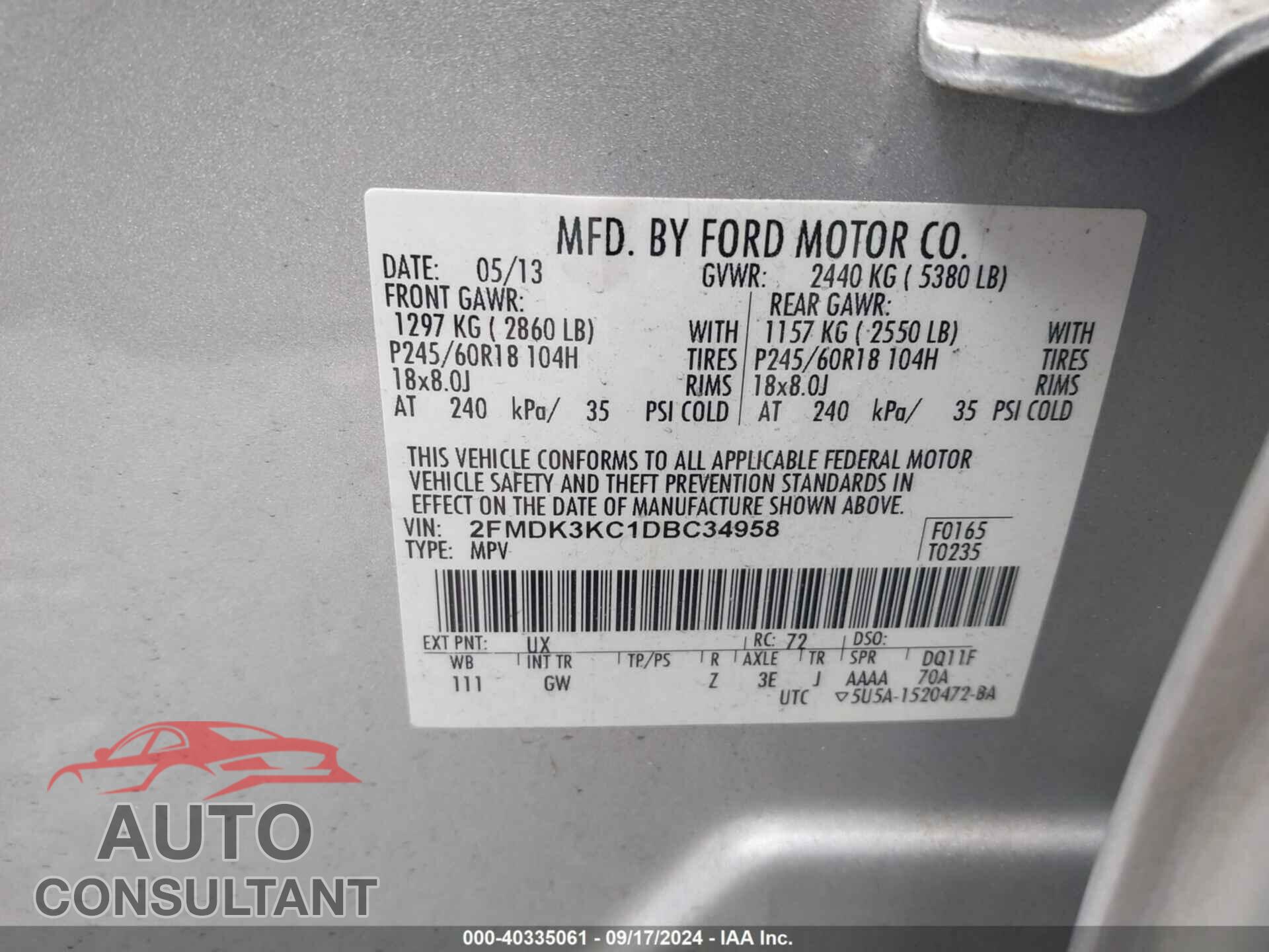 FORD EDGE 2013 - 2FMDK3KC1DBC34958