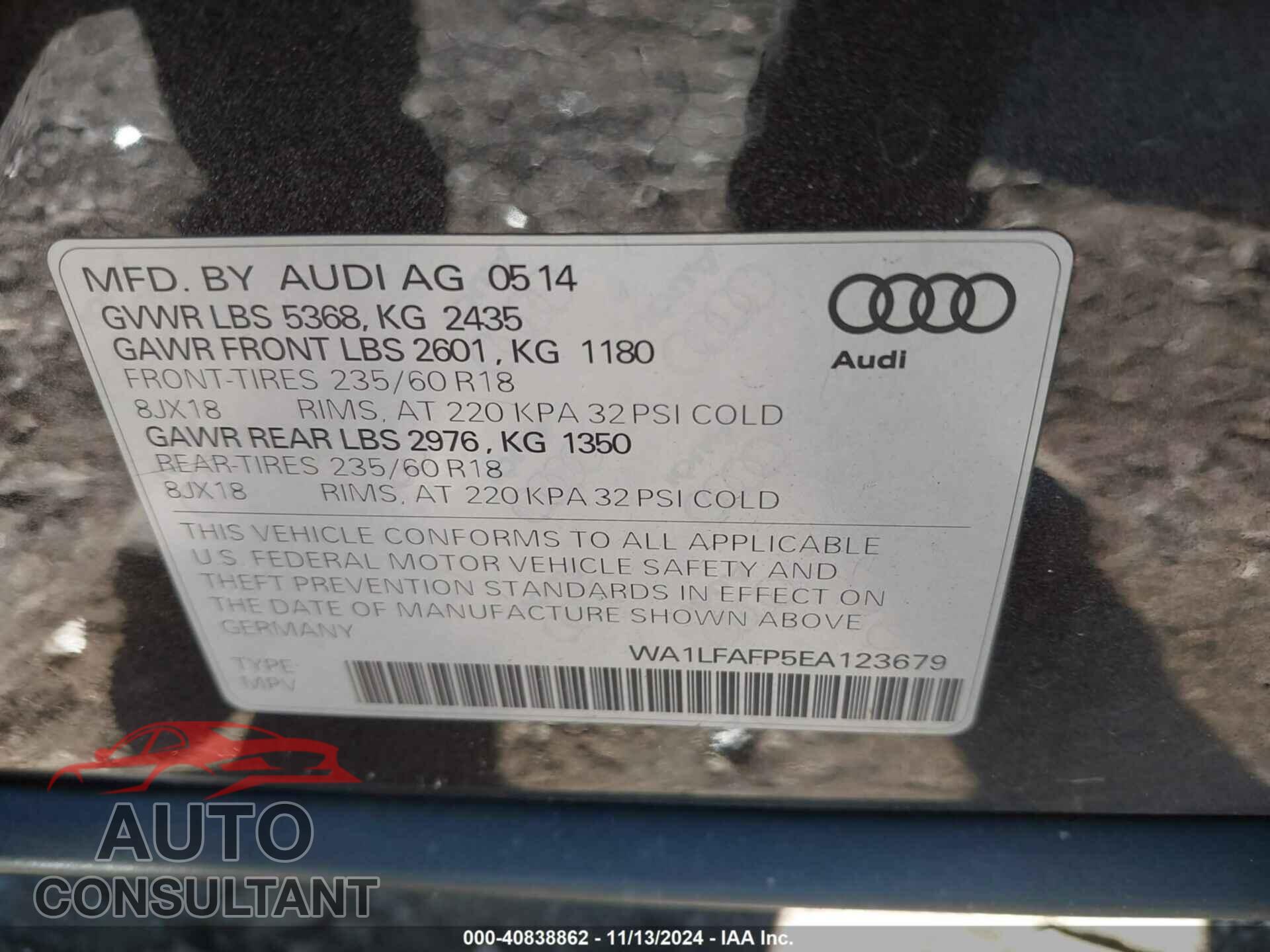 AUDI Q5 2014 - WA1LFAFP5EA123679