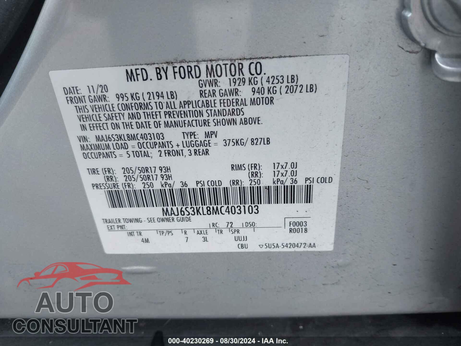 FORD ECOSPORT 2021 - MAJ6S3KL8MC403103