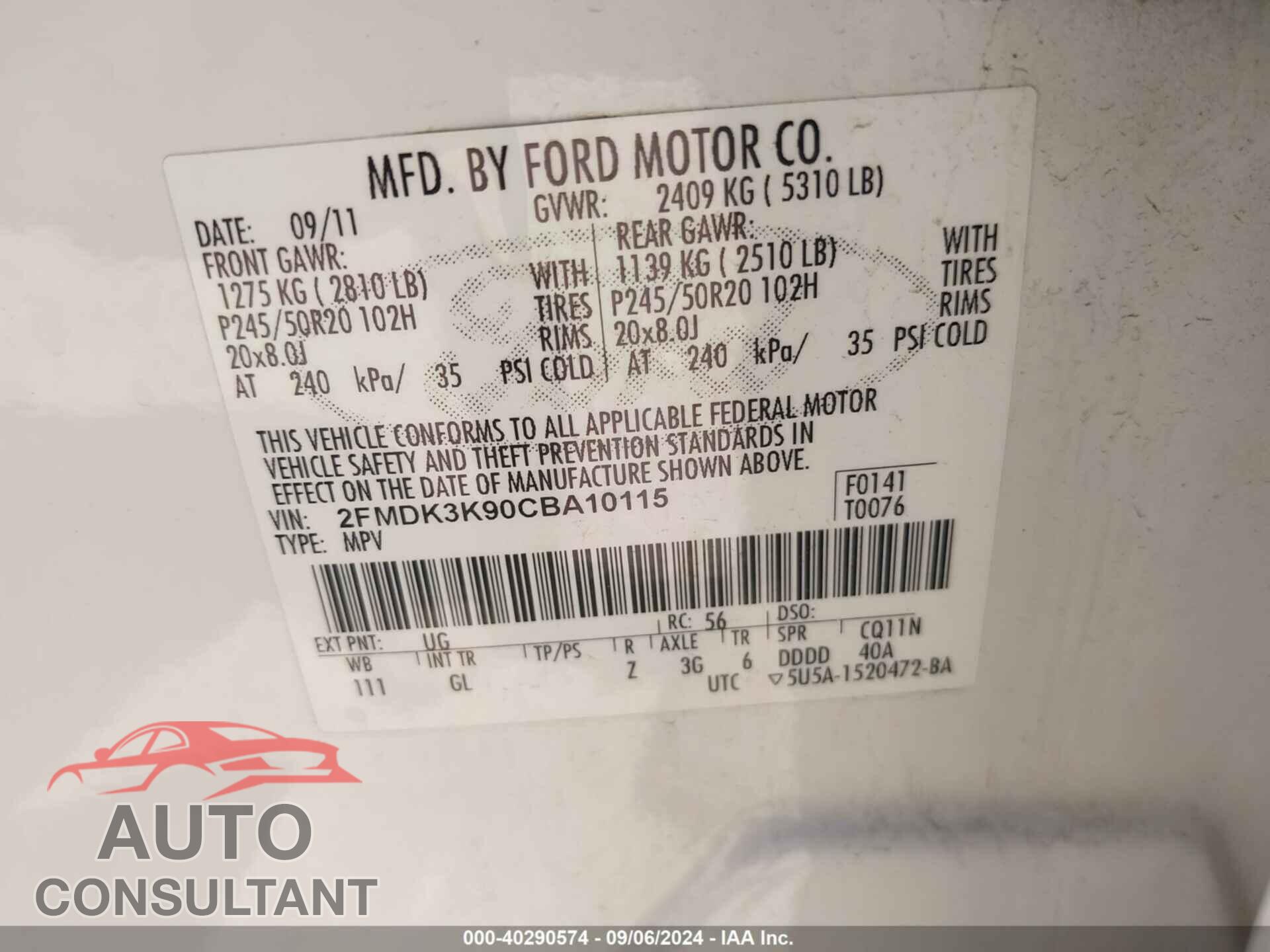 FORD EDGE 2012 - 2FMDK3K90CBA10115