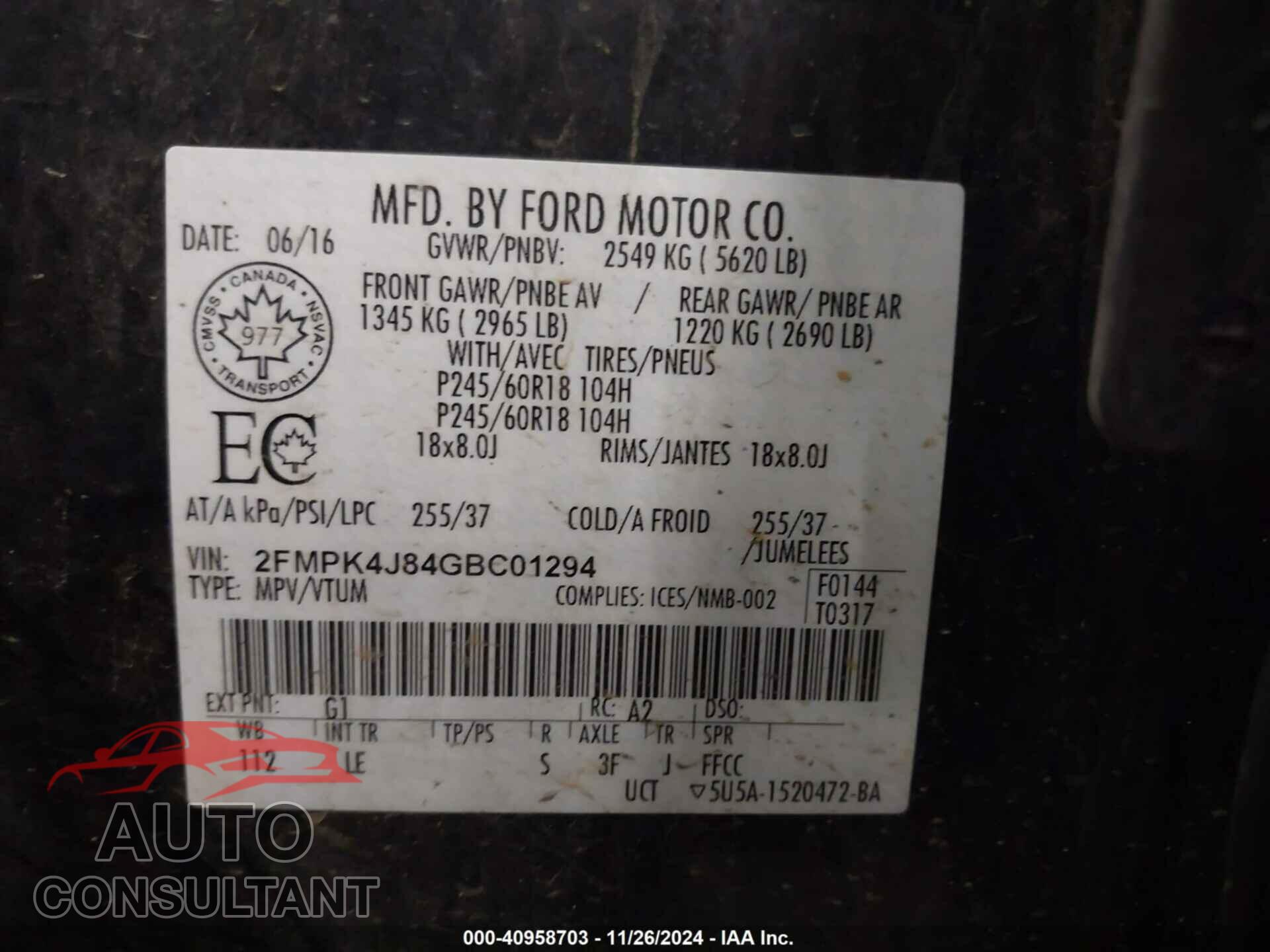 FORD EDGE 2016 - 2FMPK4J84GBC01294