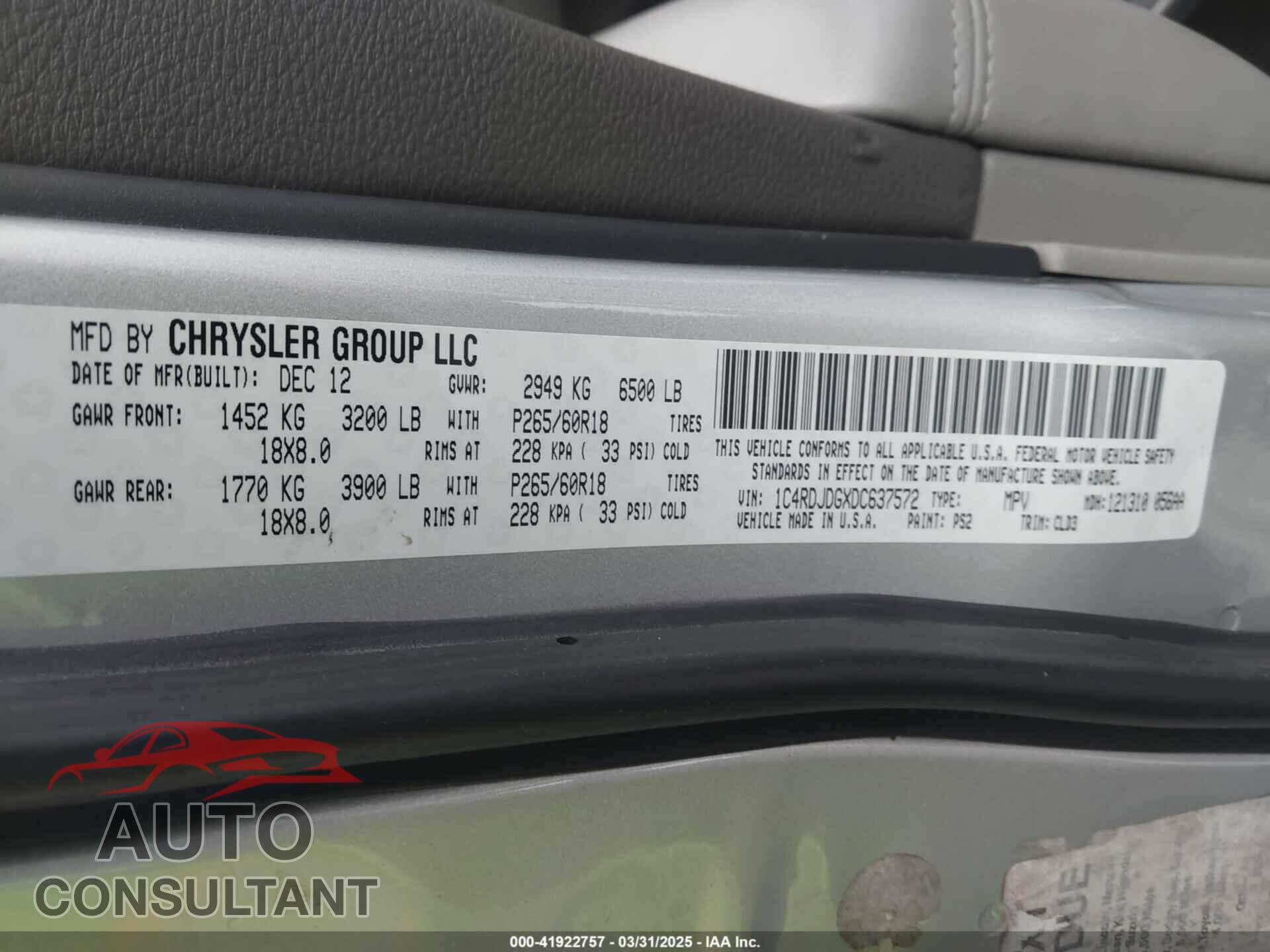 DODGE DURANGO 2013 - 1C4RDJDGXDC637572