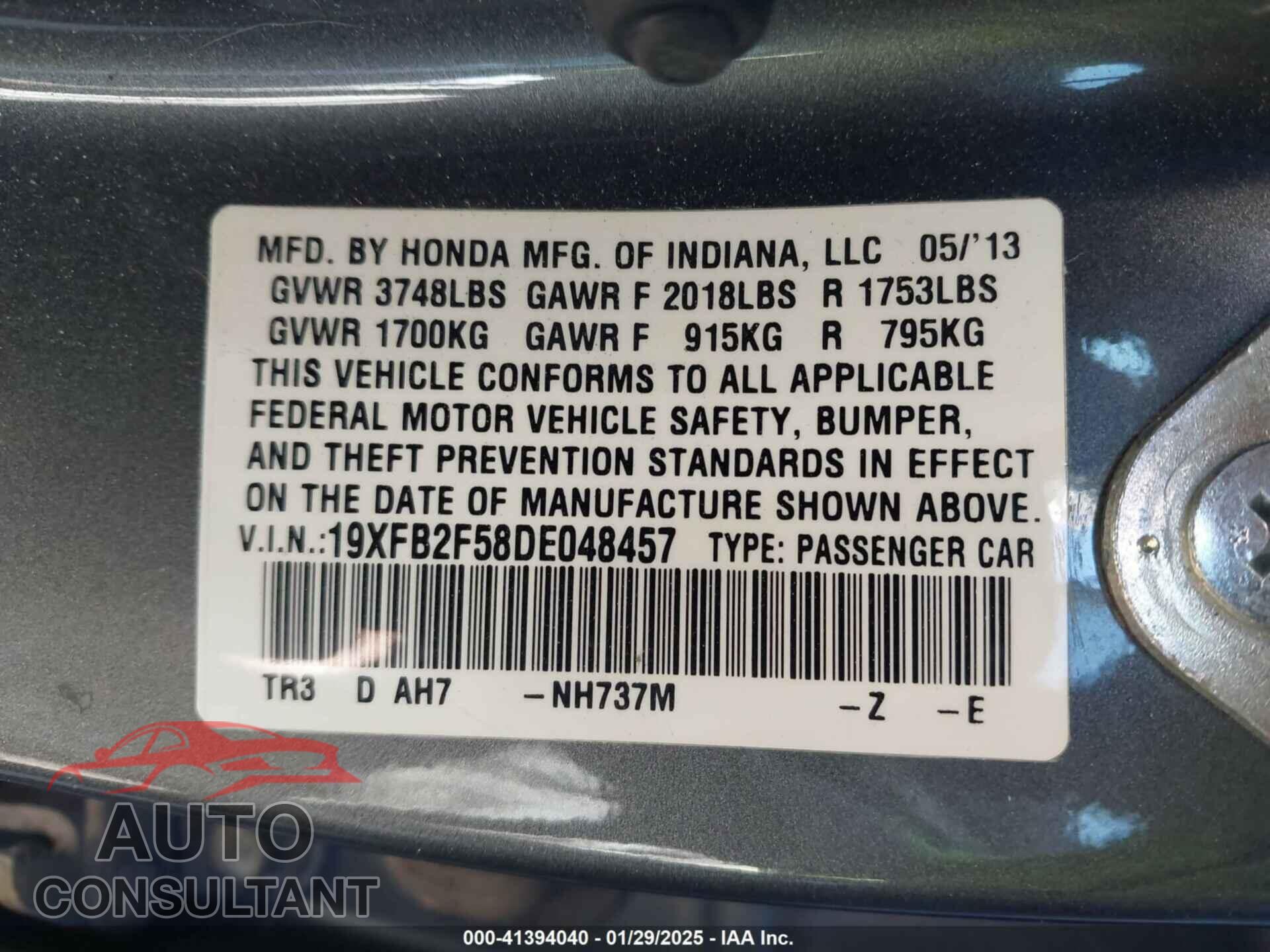 HONDA CIVIC 2013 - 19XFB2F58DE048457