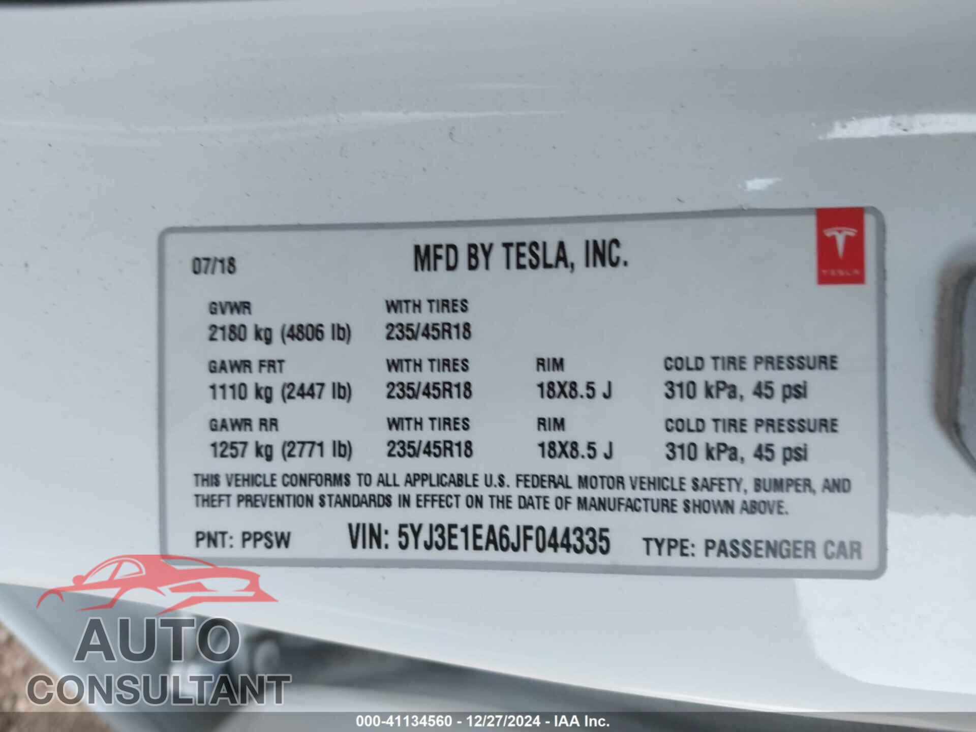 TESLA MODEL 3 2018 - 5YJ3E1EA6JF044335