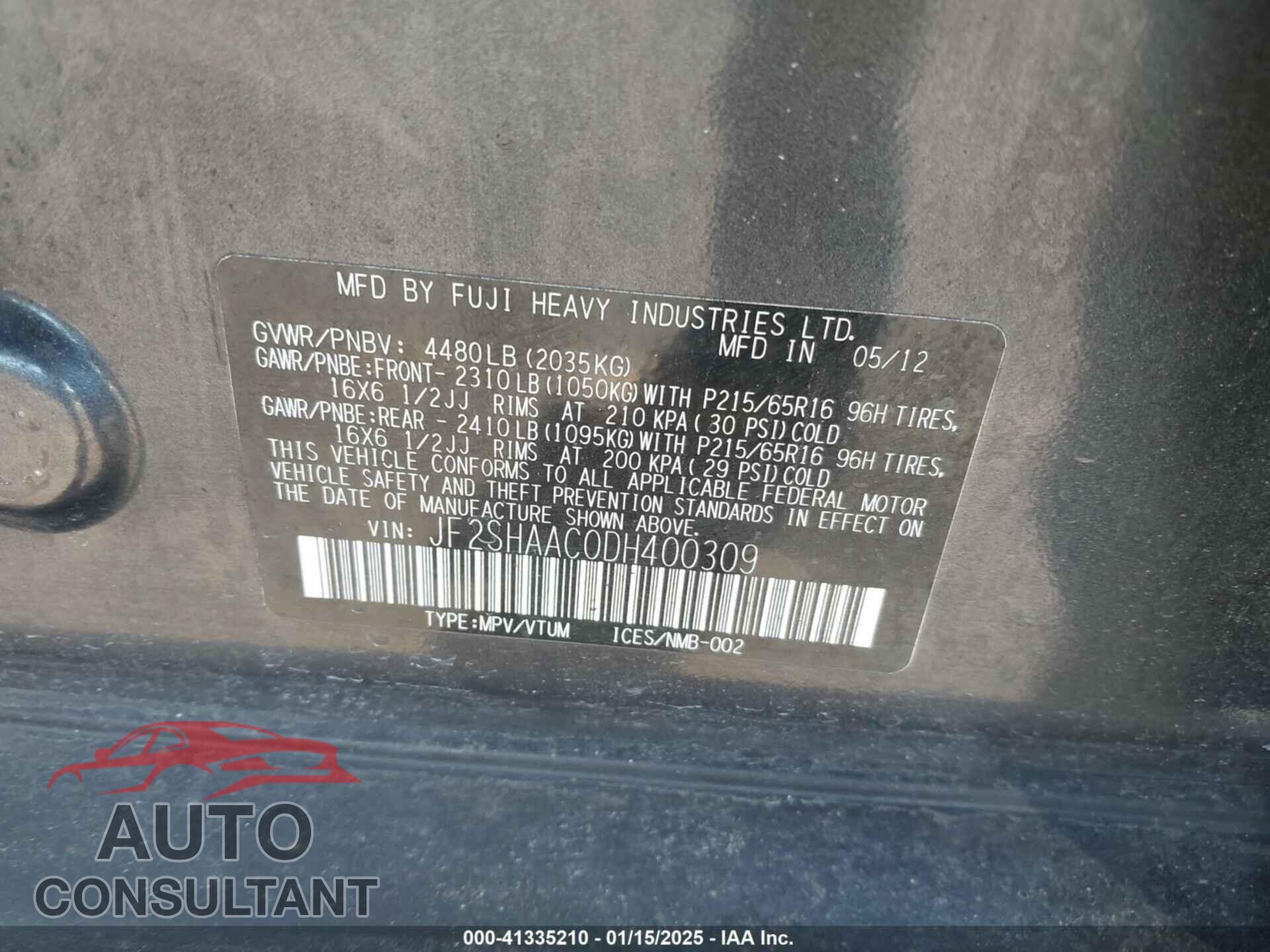 SUBARU FORESTER 2013 - JF2SHAAC0DH400309