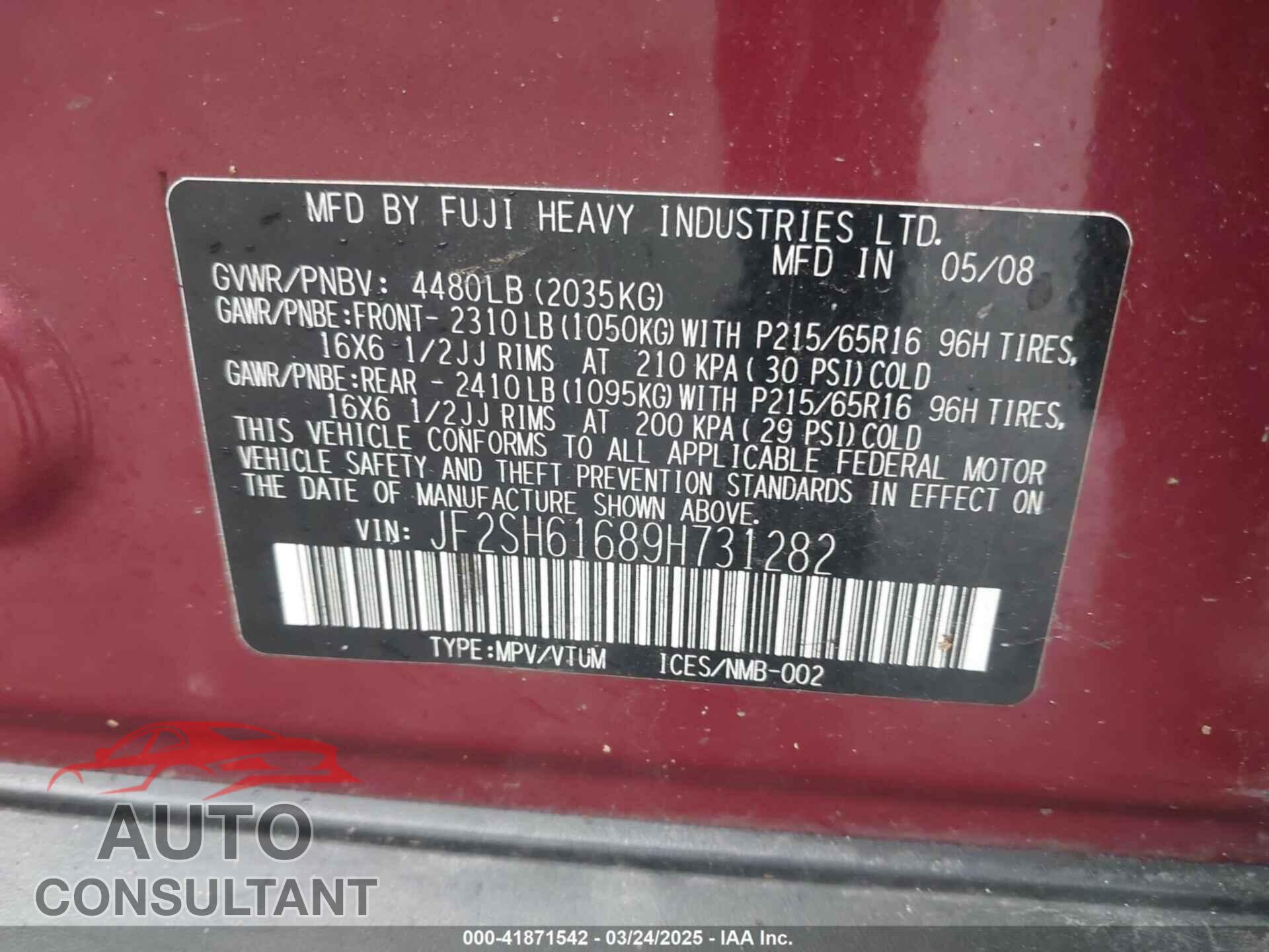 SUBARU FORESTER 2009 - JF2SH61689H731282