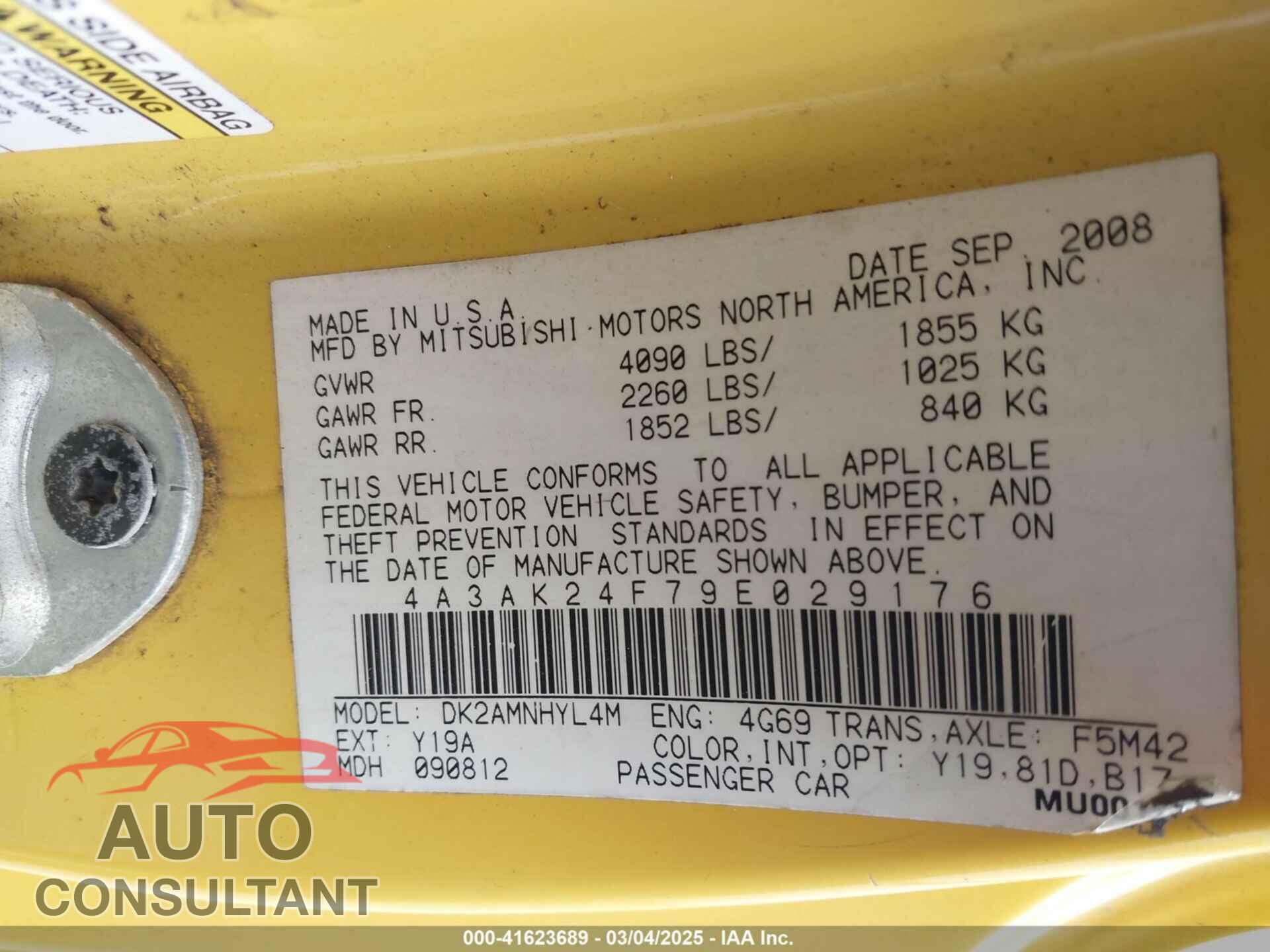 MITSUBISHI ECLIPSE 2009 - 4A3AK24F79E029176