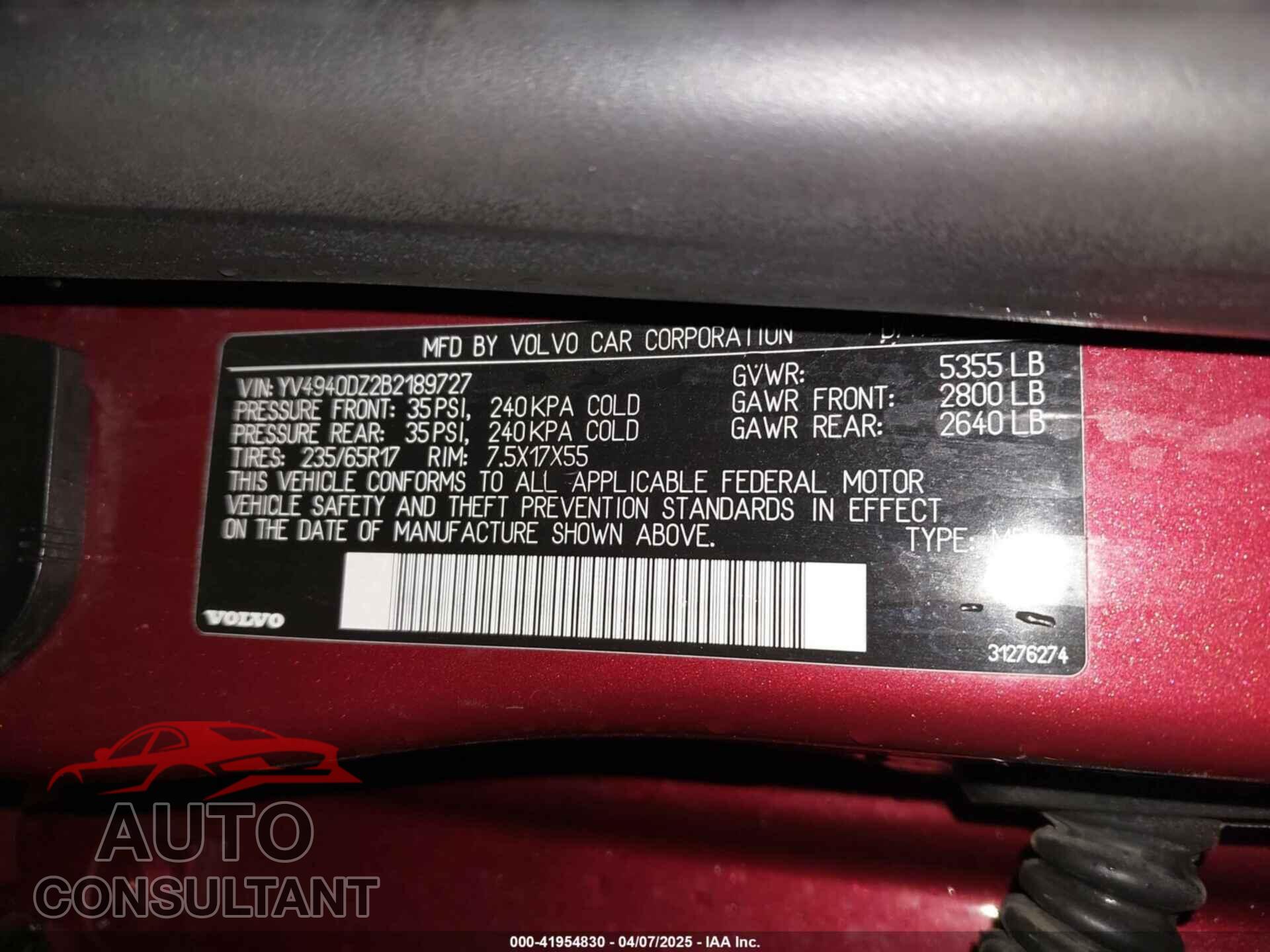 VOLVO XC60 2011 - YV4940DZ2B2189727