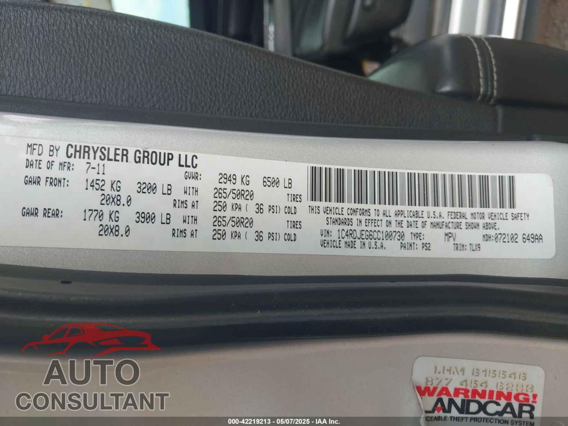 DODGE DURANGO 2012 - 1C4RDJEG6CC100730