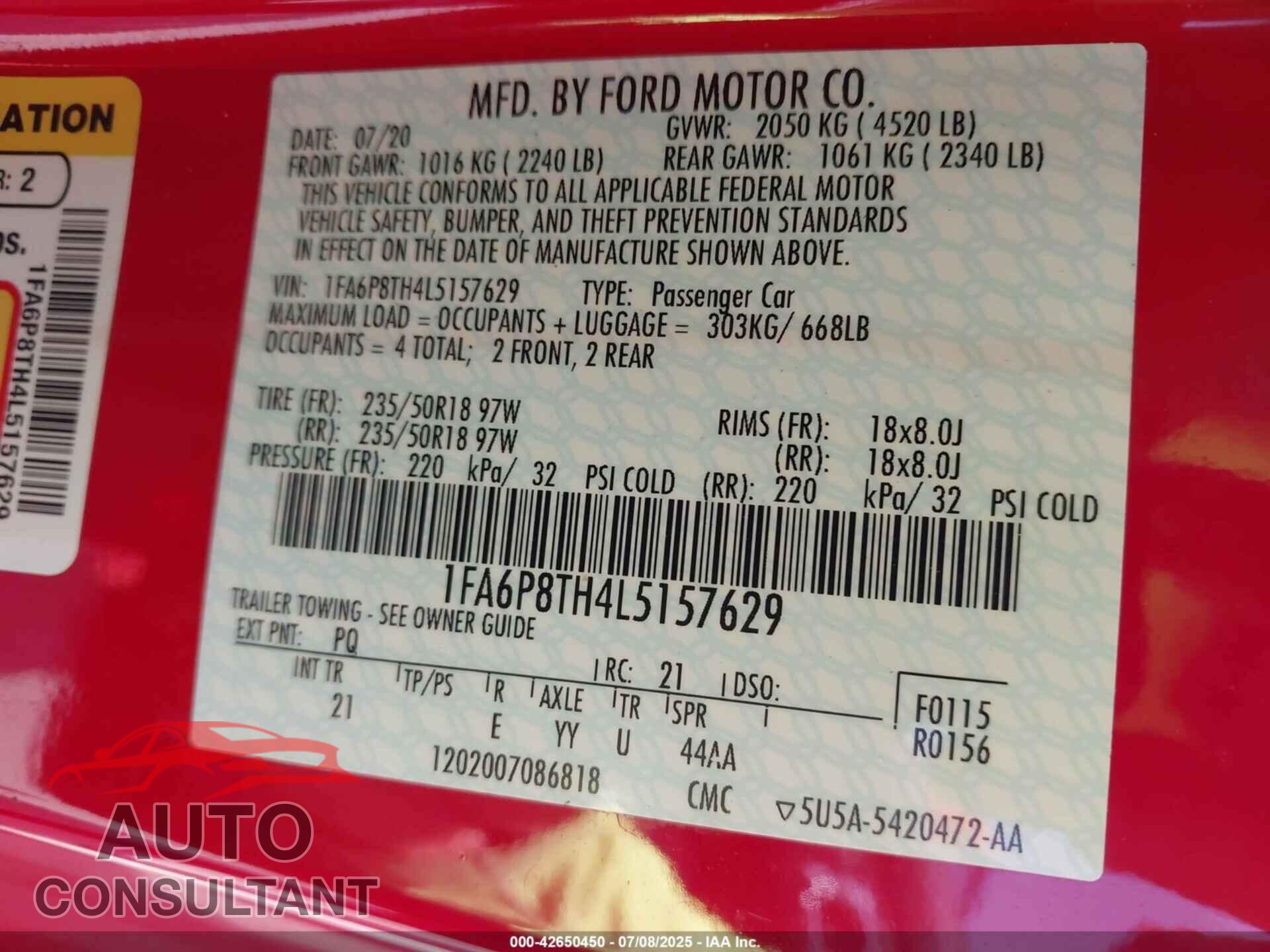 FORD MUSTANG 2020 - 1FA6P8TH4L5157629
