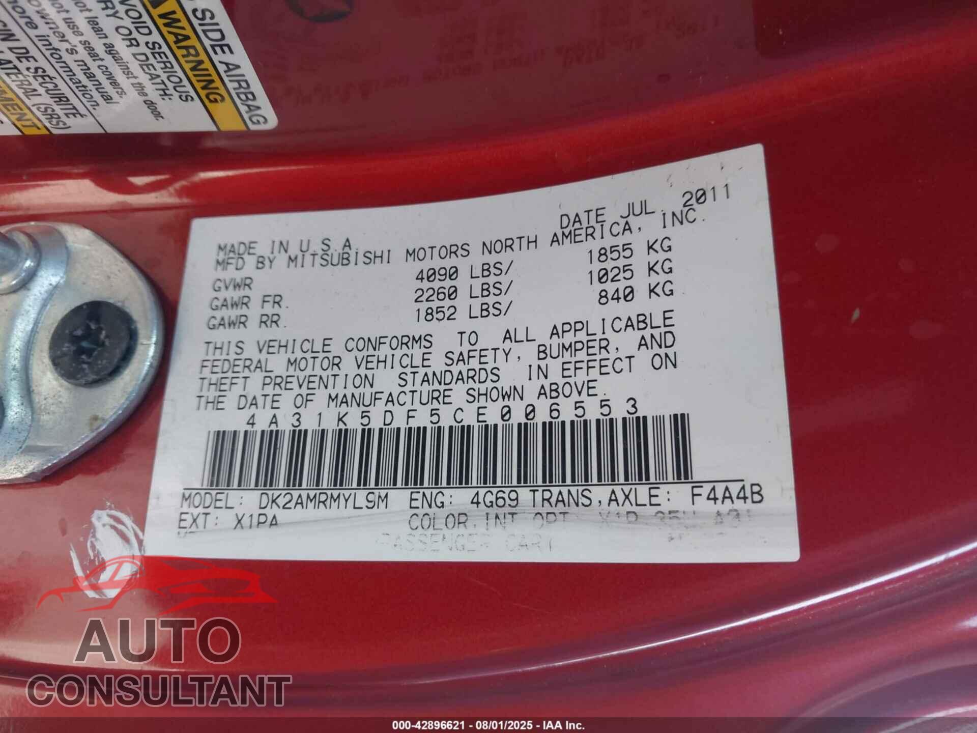 MITSUBISHI ECLIPSE 2012 - 4A31K5DF5CE006553