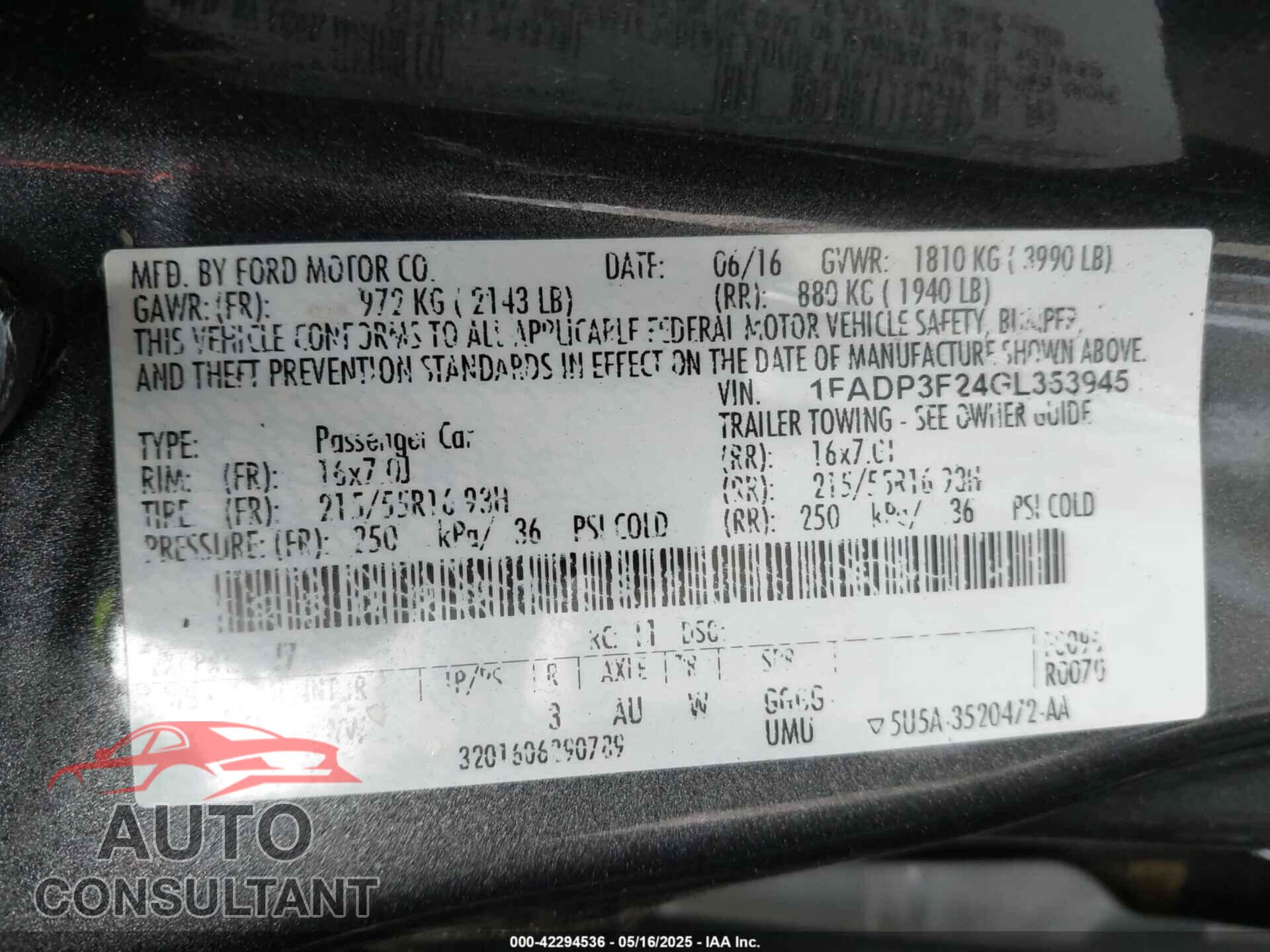 FORD FOCUS 2016 - 1FADP3F24GL353945