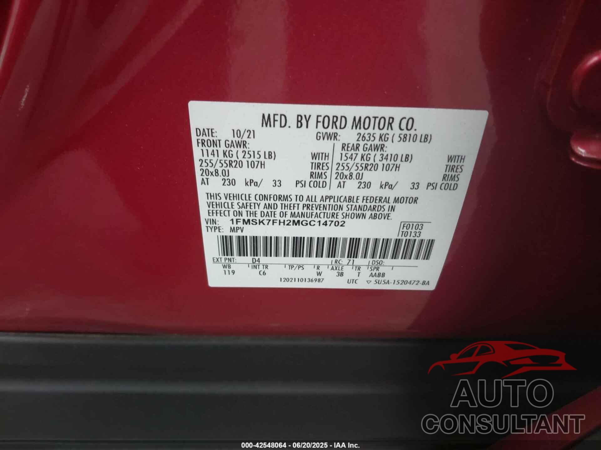 FORD EXPLORER 2021 - 1FMSK7FH2MGC14702