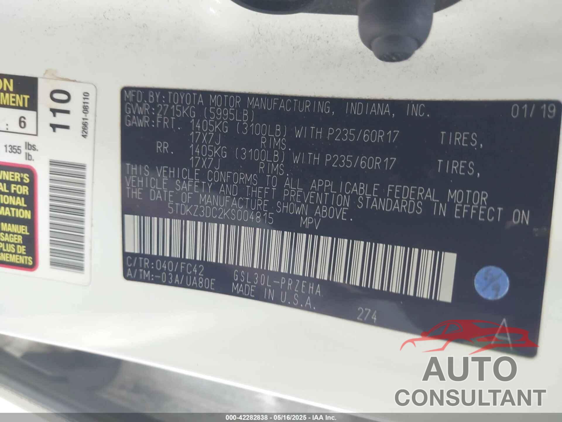 TOYOTA SIENNA 2019 - 5TDKZ3DC2KS004815