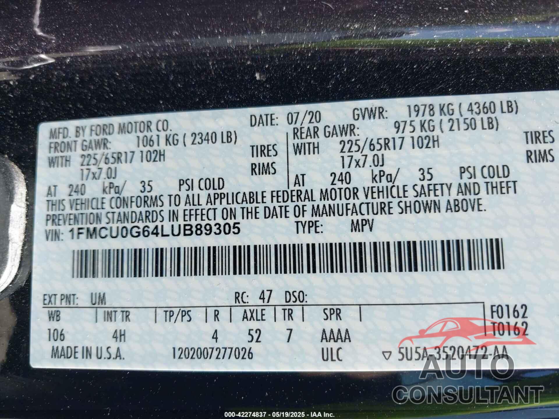 FORD ESCAPE 2020 - 1FMCU0G64LUB89305