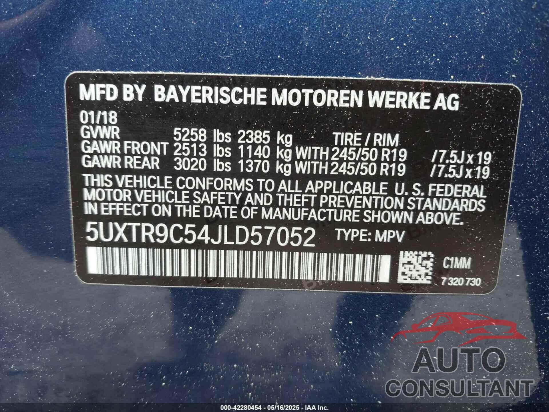 BMW X3 2018 - 5UXTR9C54JLD57052