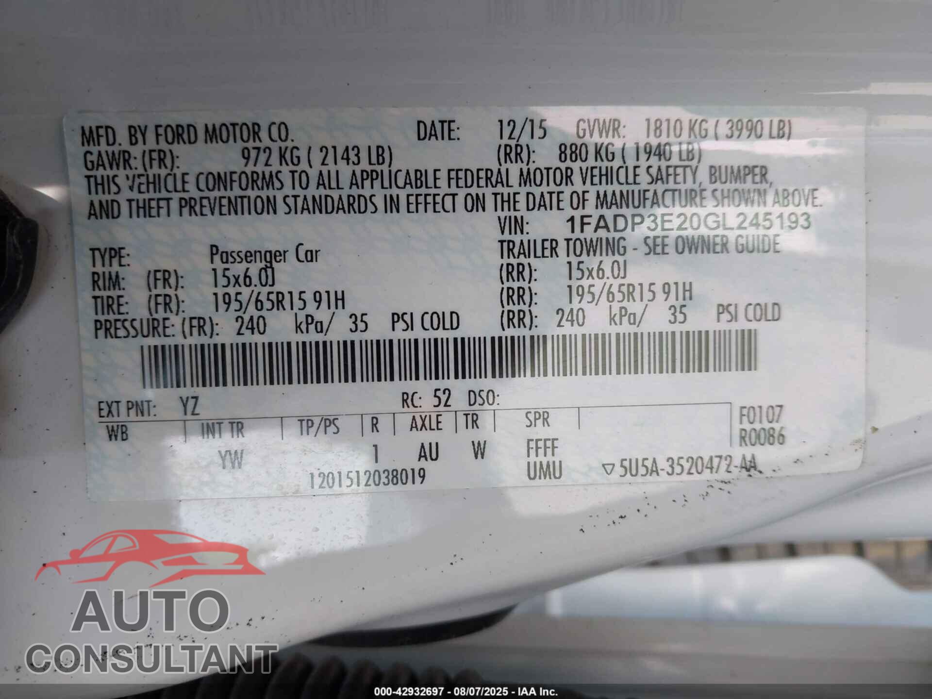 FORD FOCUS 2016 - 1FADP3E20GL245193