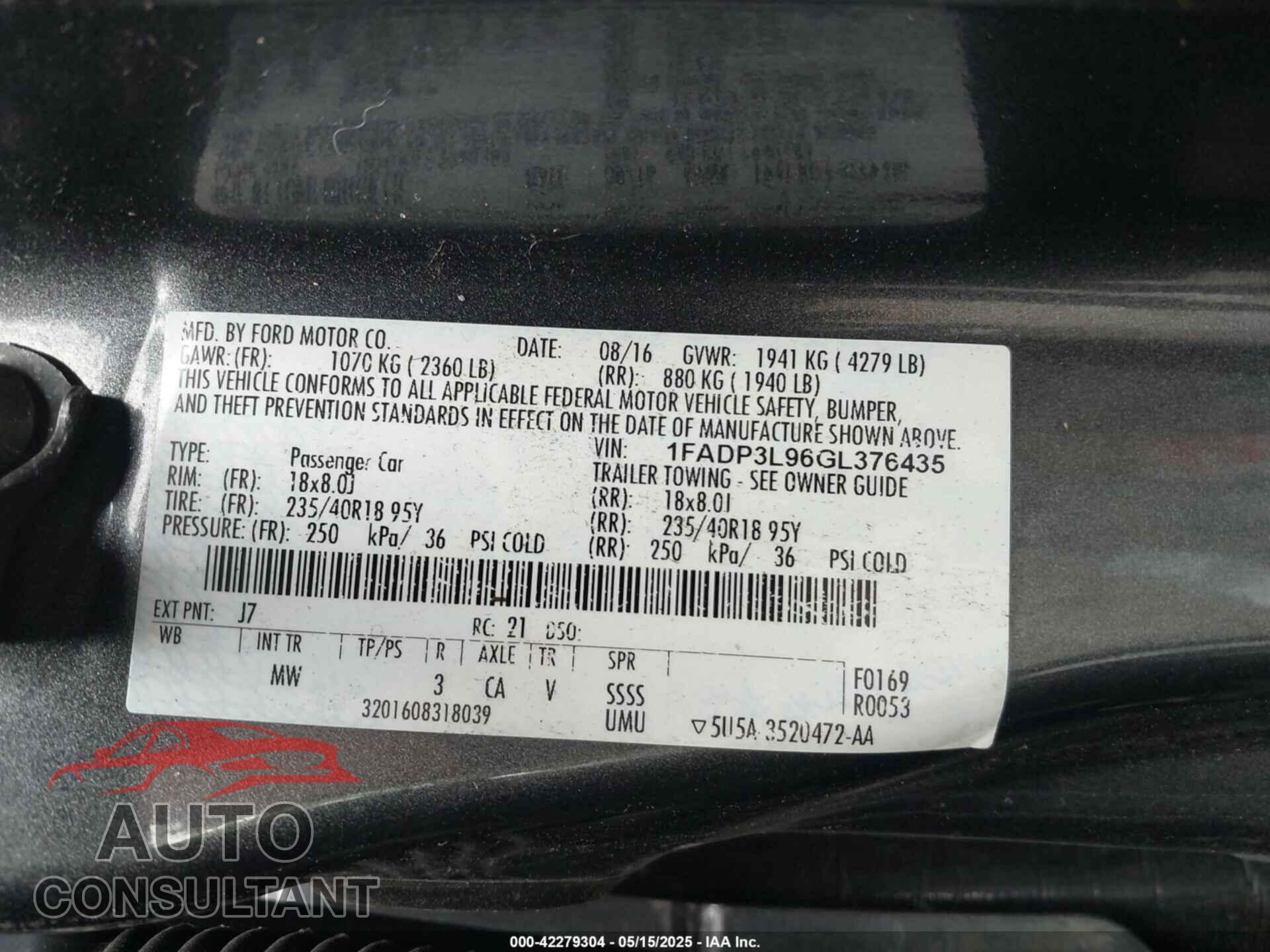 FORD FOCUS 2016 - 1FADP3L96GL376435