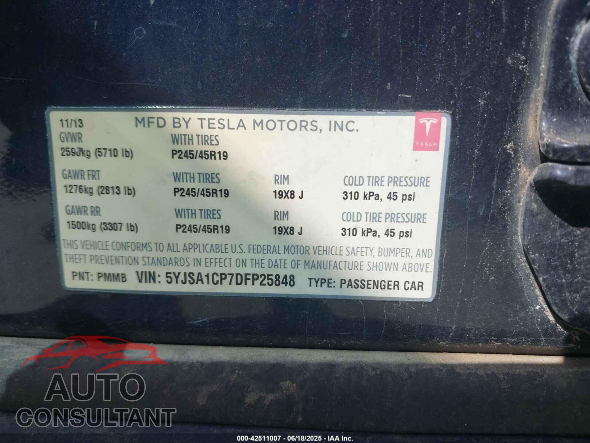 TESLA MODEL S 2013 - 5YJSA1CP7DFP25848