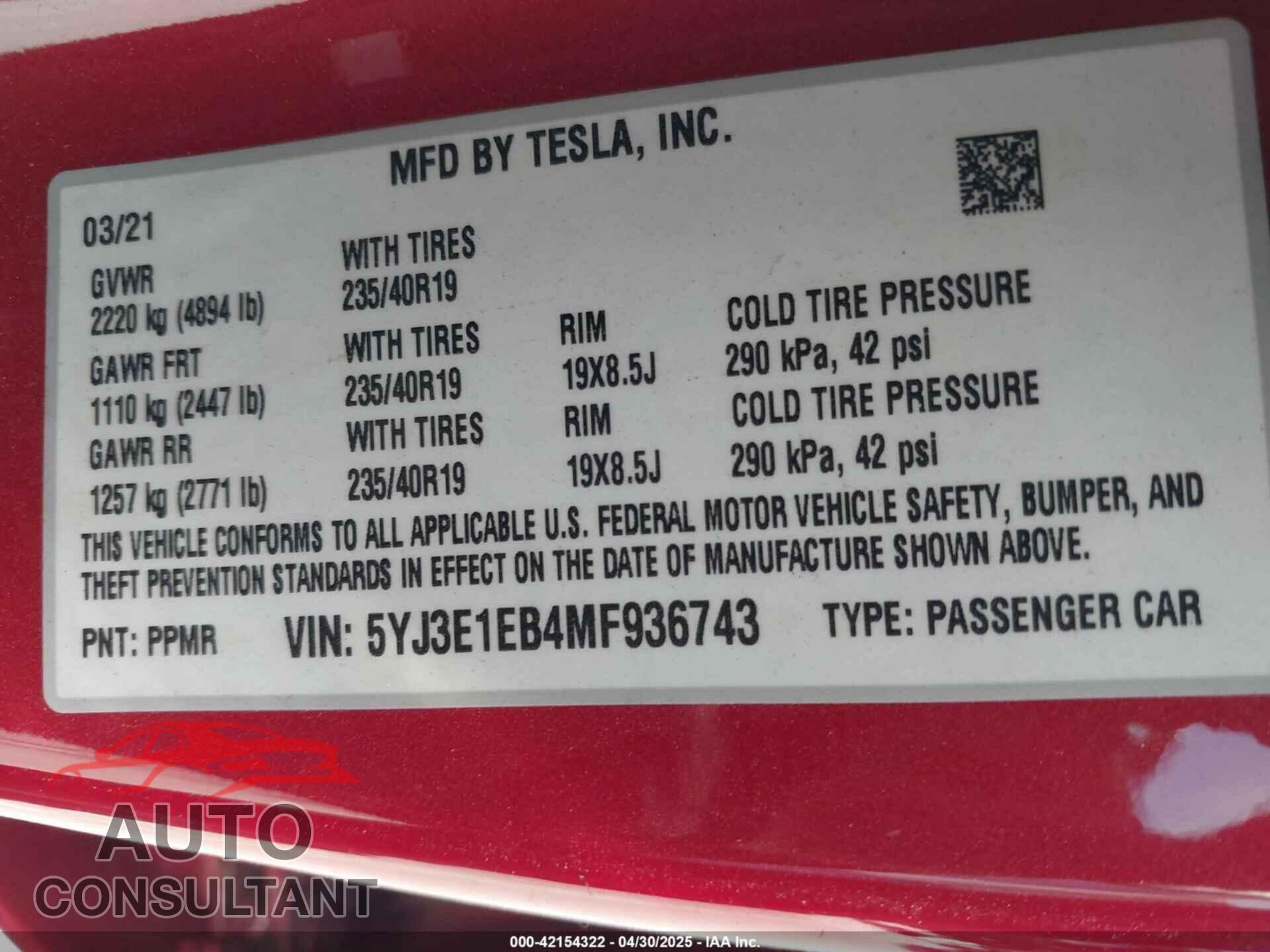 TESLA MODEL 3 2021 - 5YJ3E1EB4MF936743