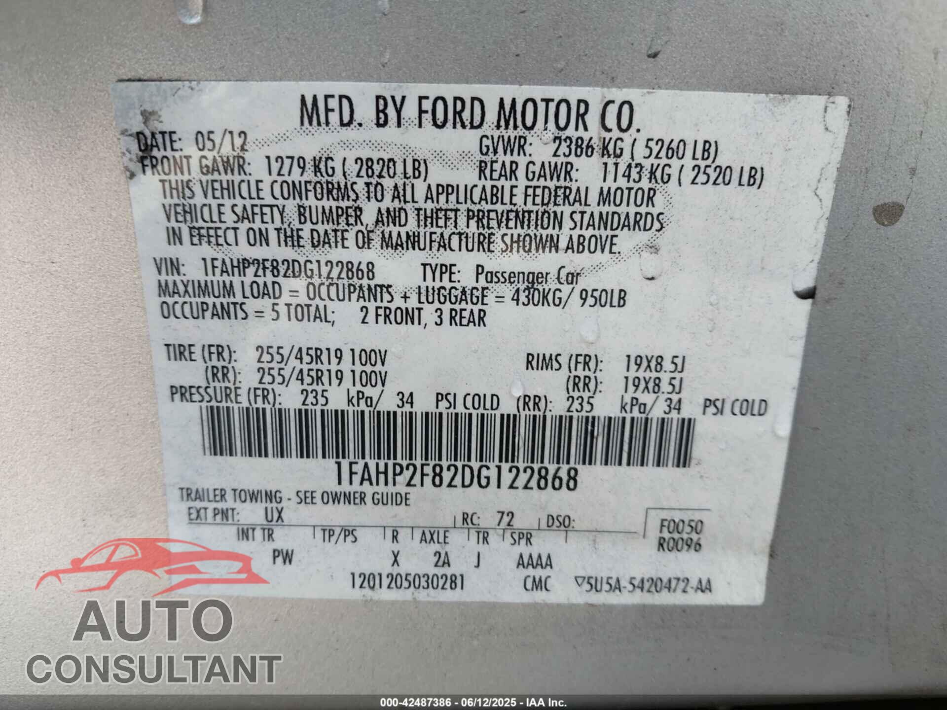 FORD TAURUS 2013 - 1FAHP2F82DG122868