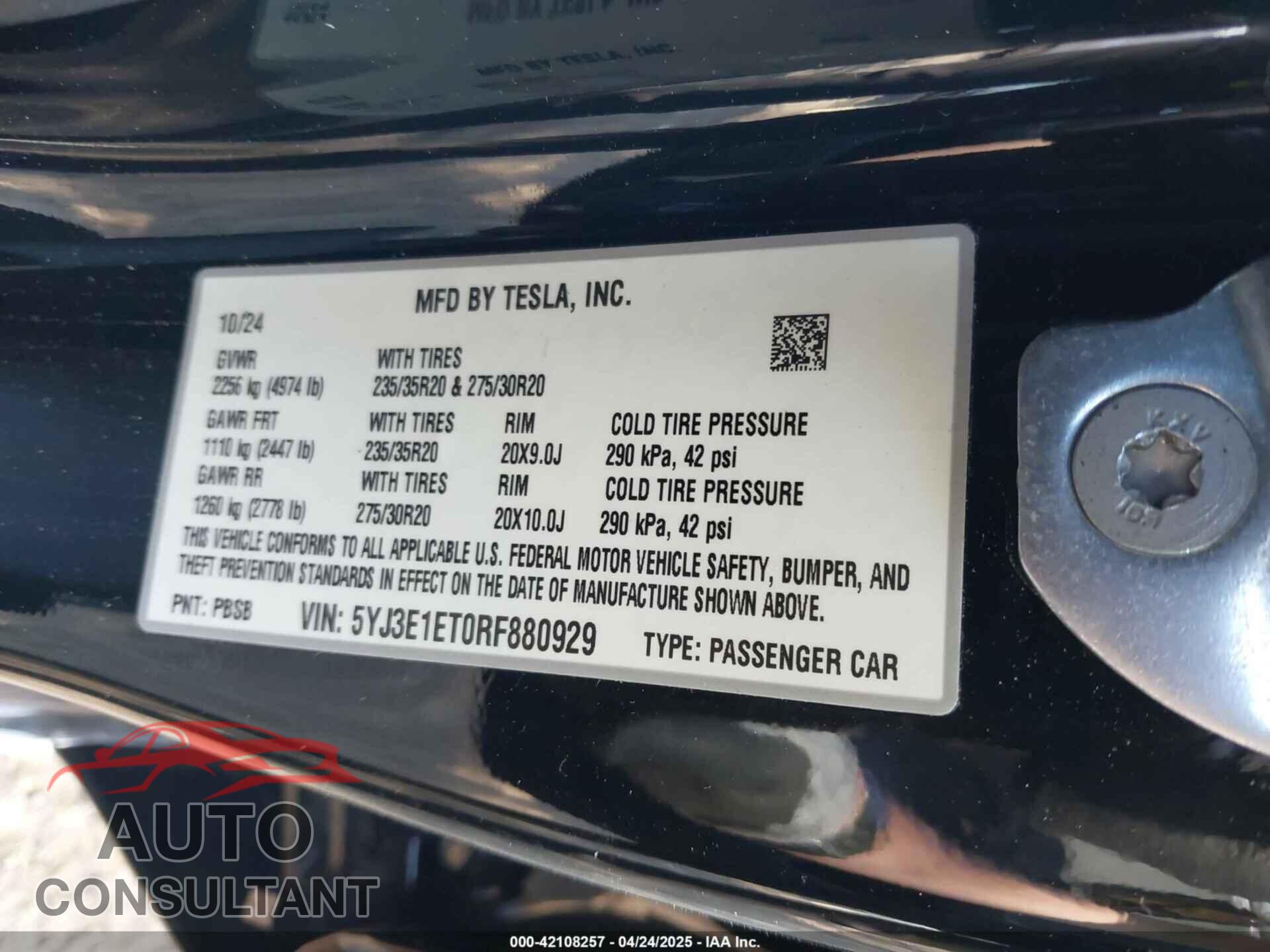 TESLA MODEL 3 2024 - 5YJ3E1ET0RF880929