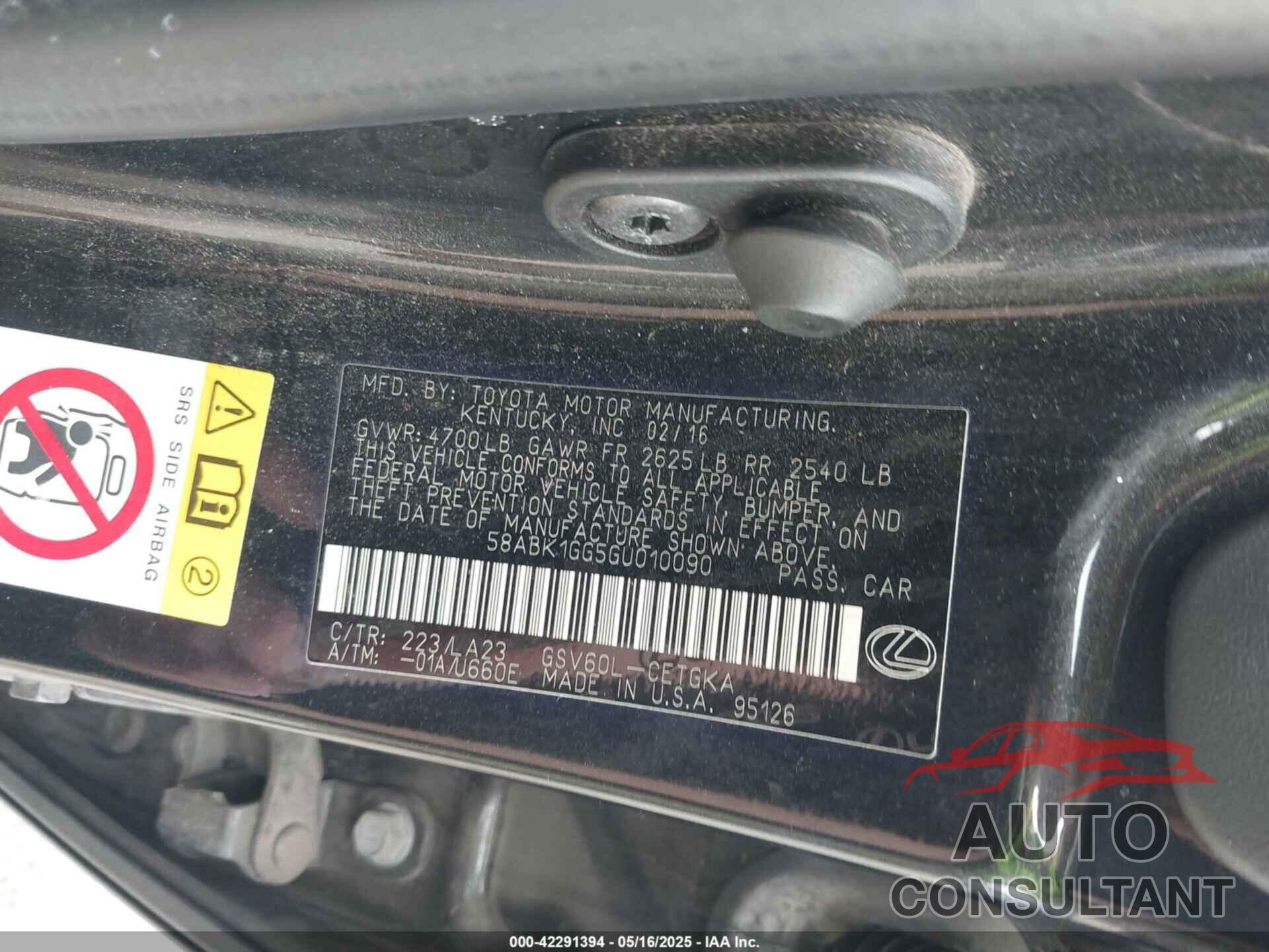 LEXUS ES 350 2016 - 58ABK1GG5GU010090
