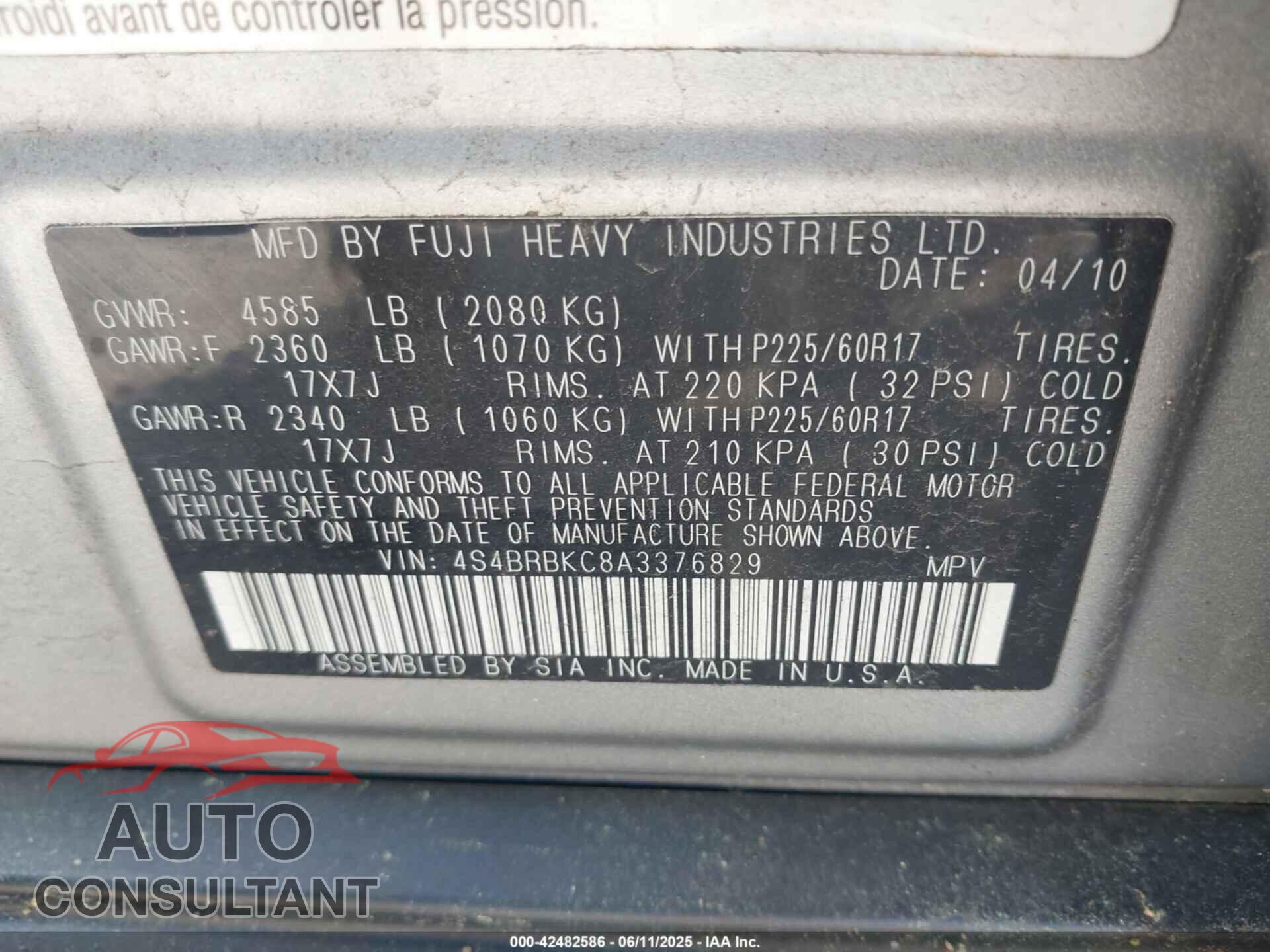 SUBARU OUTBACK 2010 - 4S4BRBKC8A3376829
